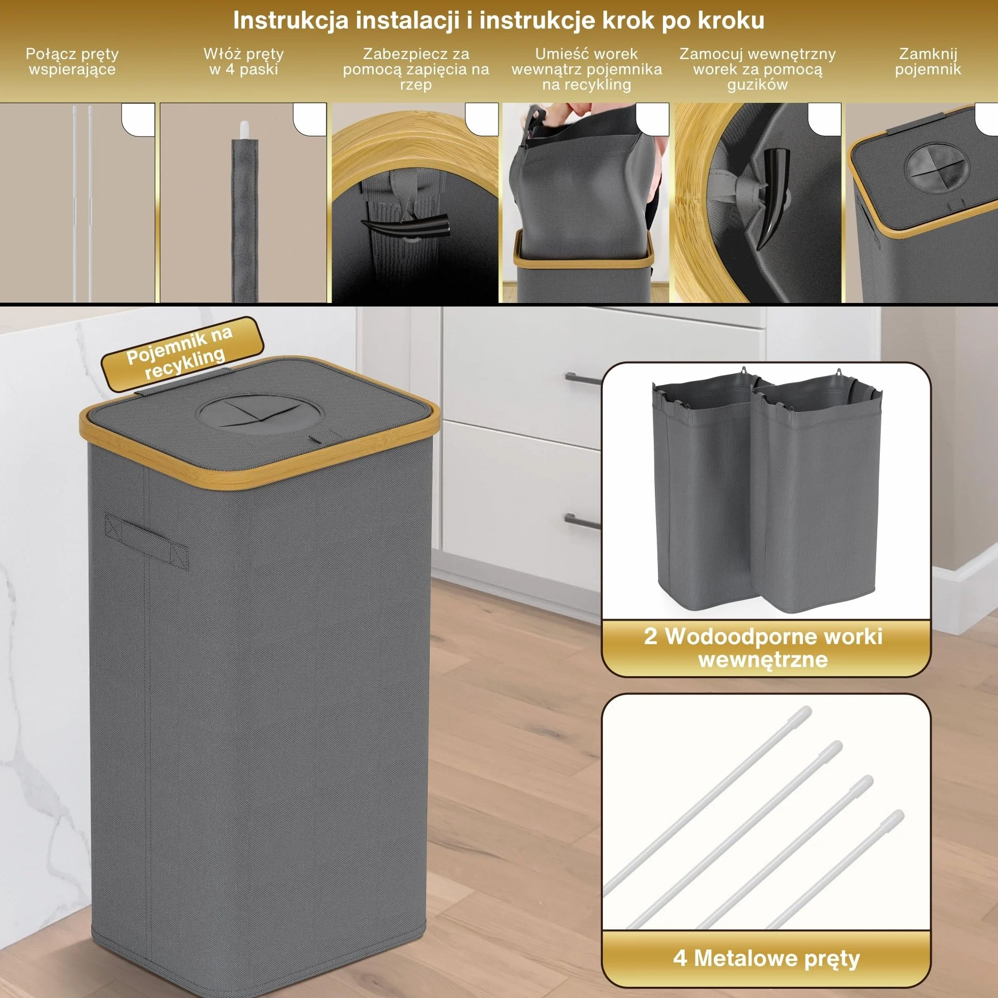 Deco haus® pojemnik na butelki z pokrywką 100L [w zestawie dodatkowa torba wewnętrzna] - Pojemnik na butelki depozytowe z otworem - kosz na butelki z pokrywka - Butelki na kaucję