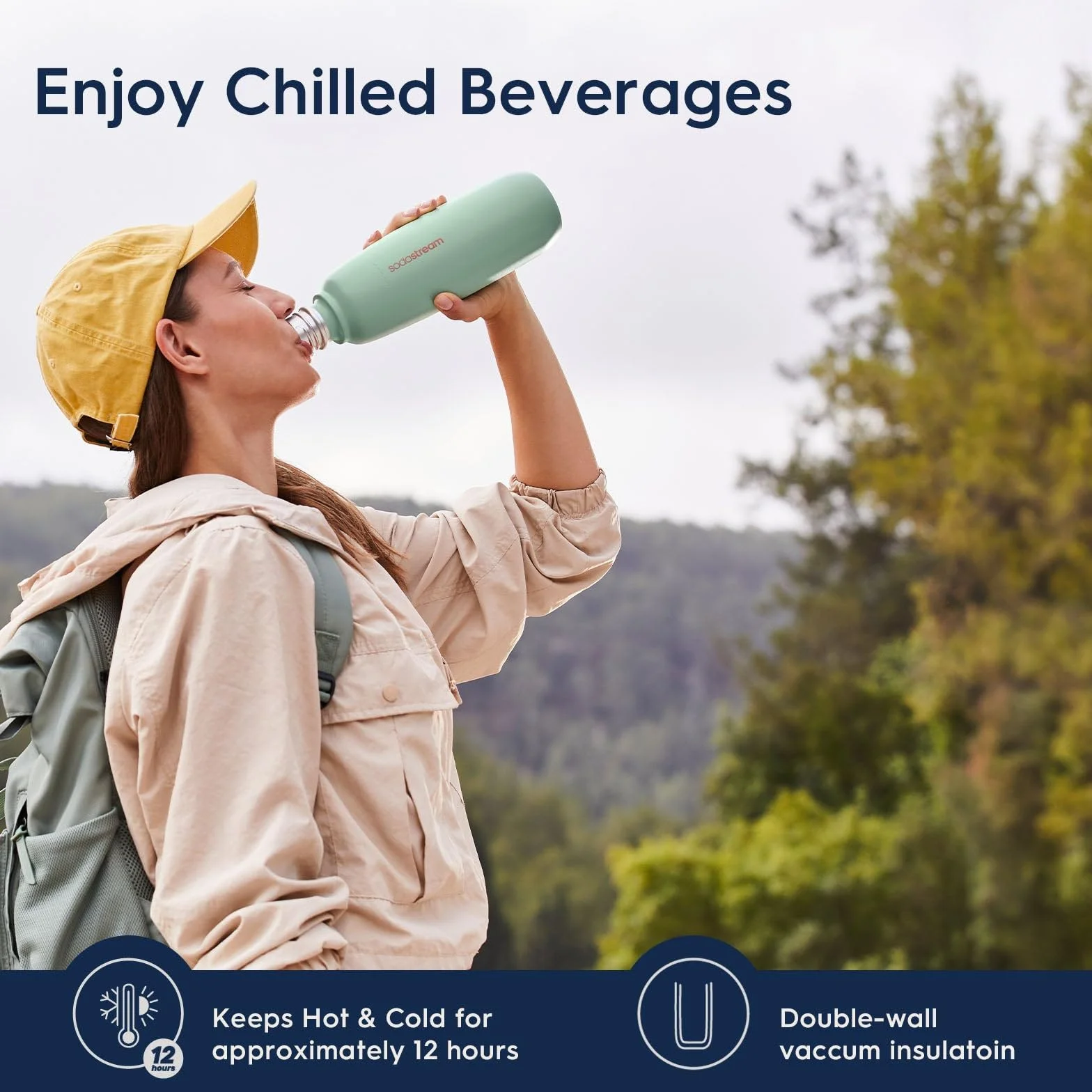 SodaStream Fizz&go Cool metalowa butelka 0,9 l, nadaje się do mycia w zmywarce, kompatybilna z Duo, E-Duo, Terra itp., utrzymuje ciepło i zimno do 12 godzin, nie zawiera BPA, 1 sztuka