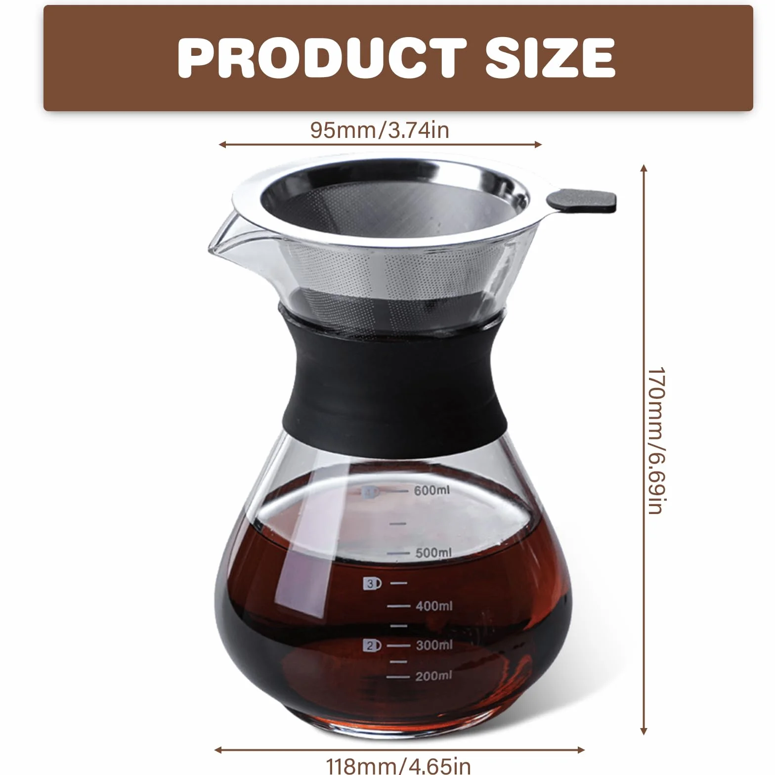 GOMETY Pour Over zaparzacz do kawy, 600 ml, szklany dzbanek borokrzemowy z dwuwarstwowym filtrem ze stali nierdzewnej, filtr permanentny, zaparzacz do kawy