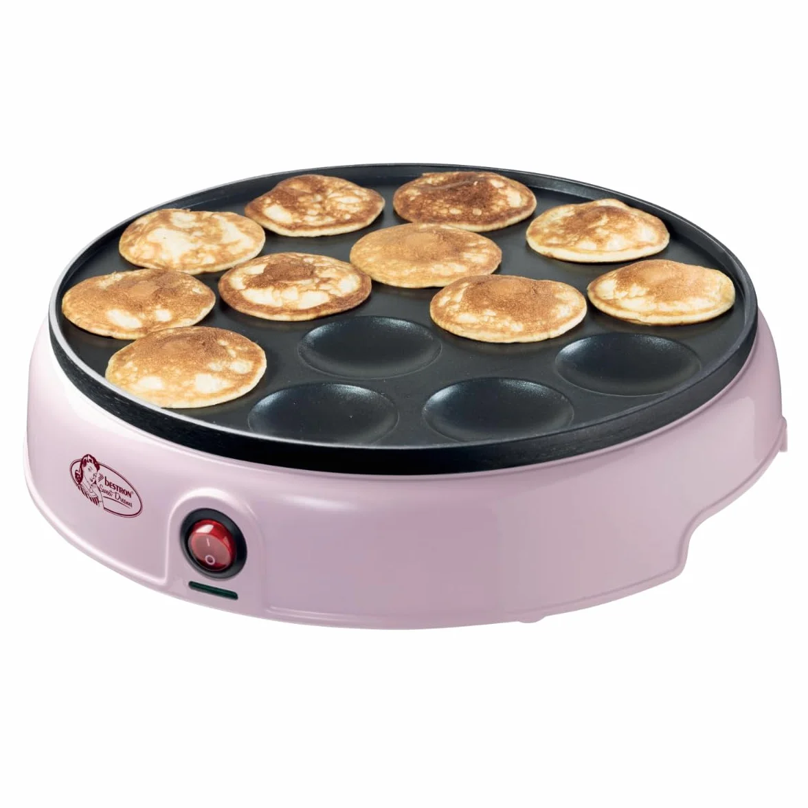 Bestron Poffertjes Maker w stylu retro, mini gofry do naleśników, z powłoką zapobiegającą przywieraniu, Sweet Dreams, 800 W, kolor: różowy