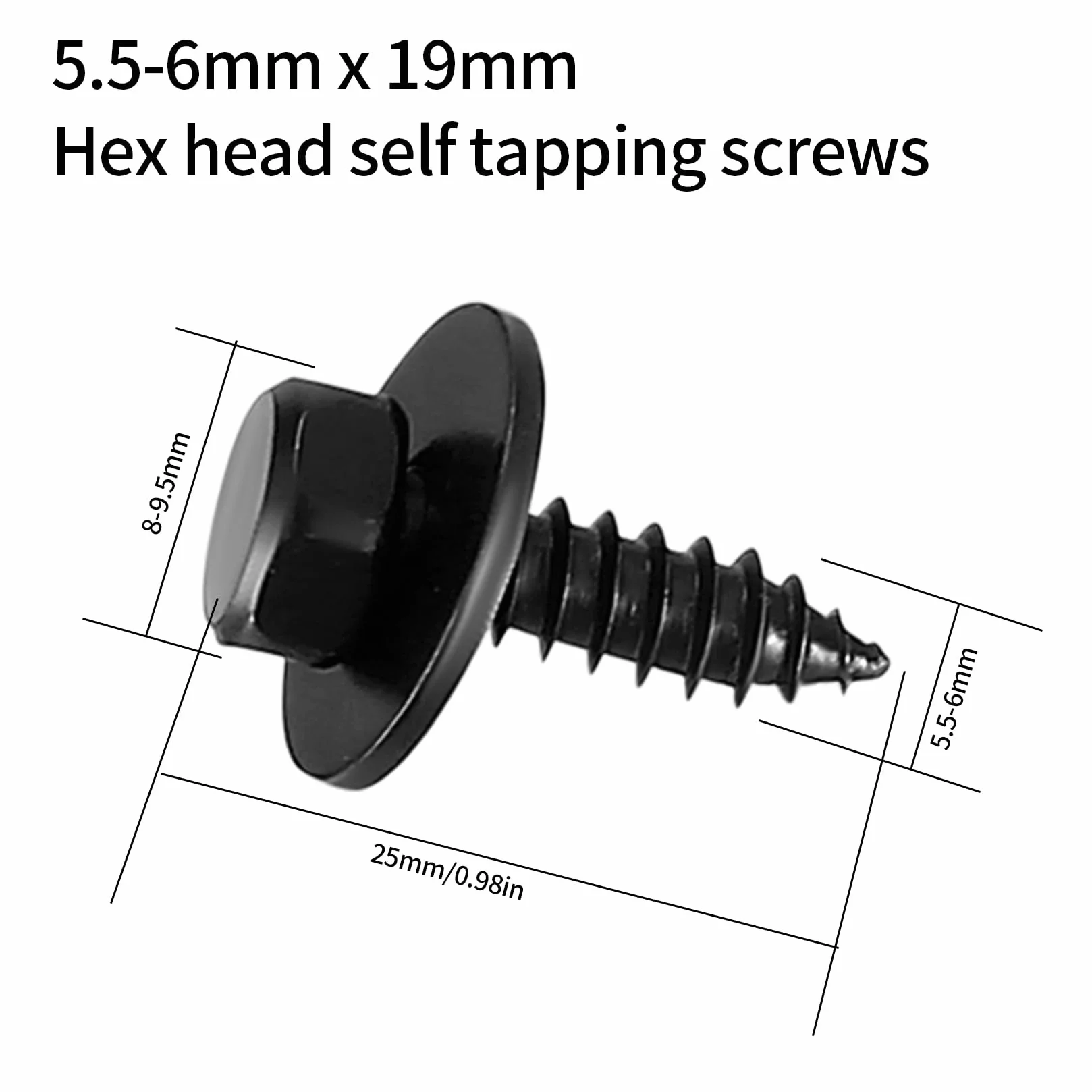 ywchaoshe 55 szt. Samogwintujących wkrętów z nakrętką sześciokątną i uszczelką, 5,5-6 mm x 19 mm Samogwintujące wkręty sześciokątne, samozaciskowe, czarne, do karoserii samochodowych i metalu