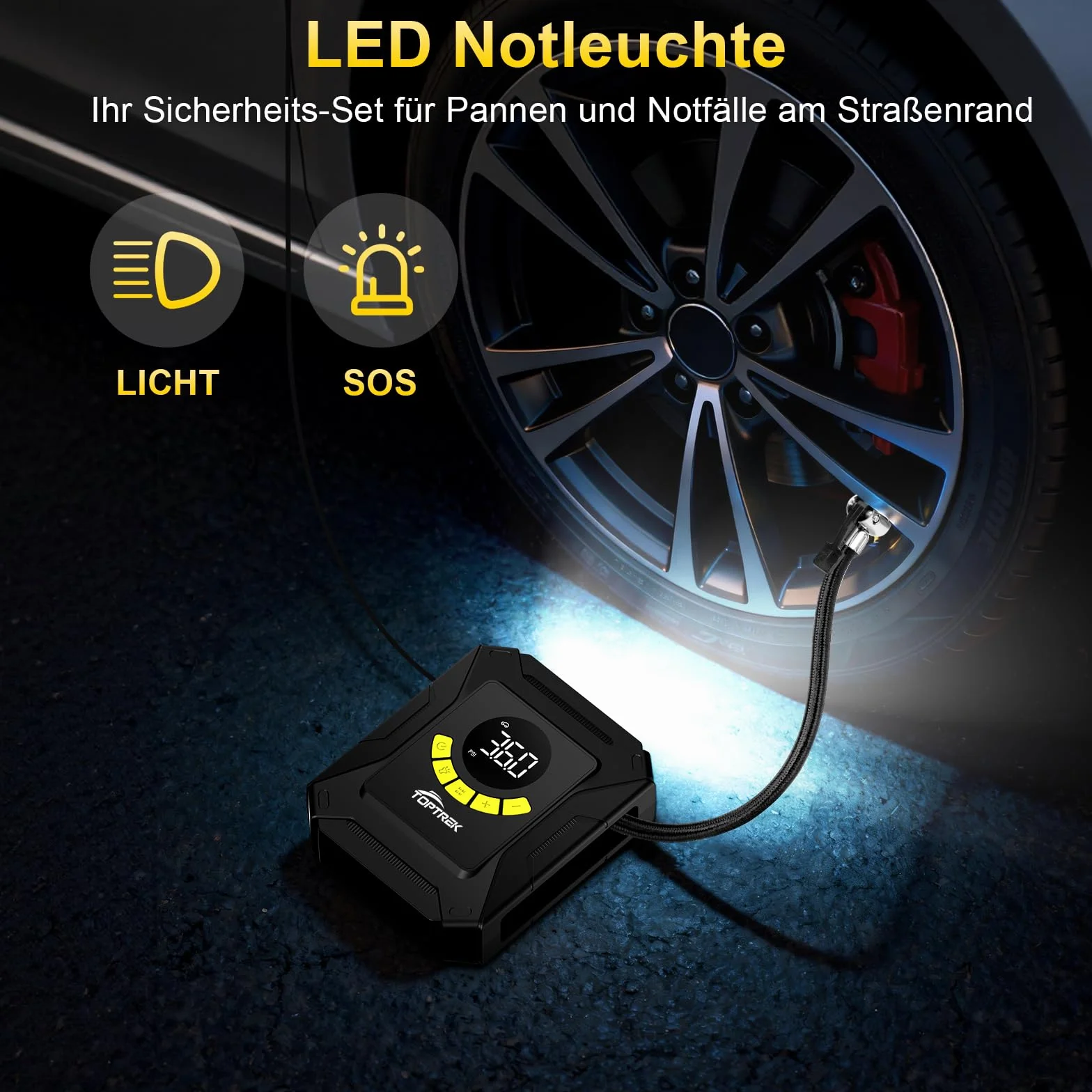 toptrek Sprężarka samochodowa 12 V DC, pompa do opon samochodowych, 10,3 bar, sprężarka powietrza z dużym wyświetlaczem LCD, wstępnie ustawione ciśnienie, automatyczne wyłączanie, pompka powietrza do
