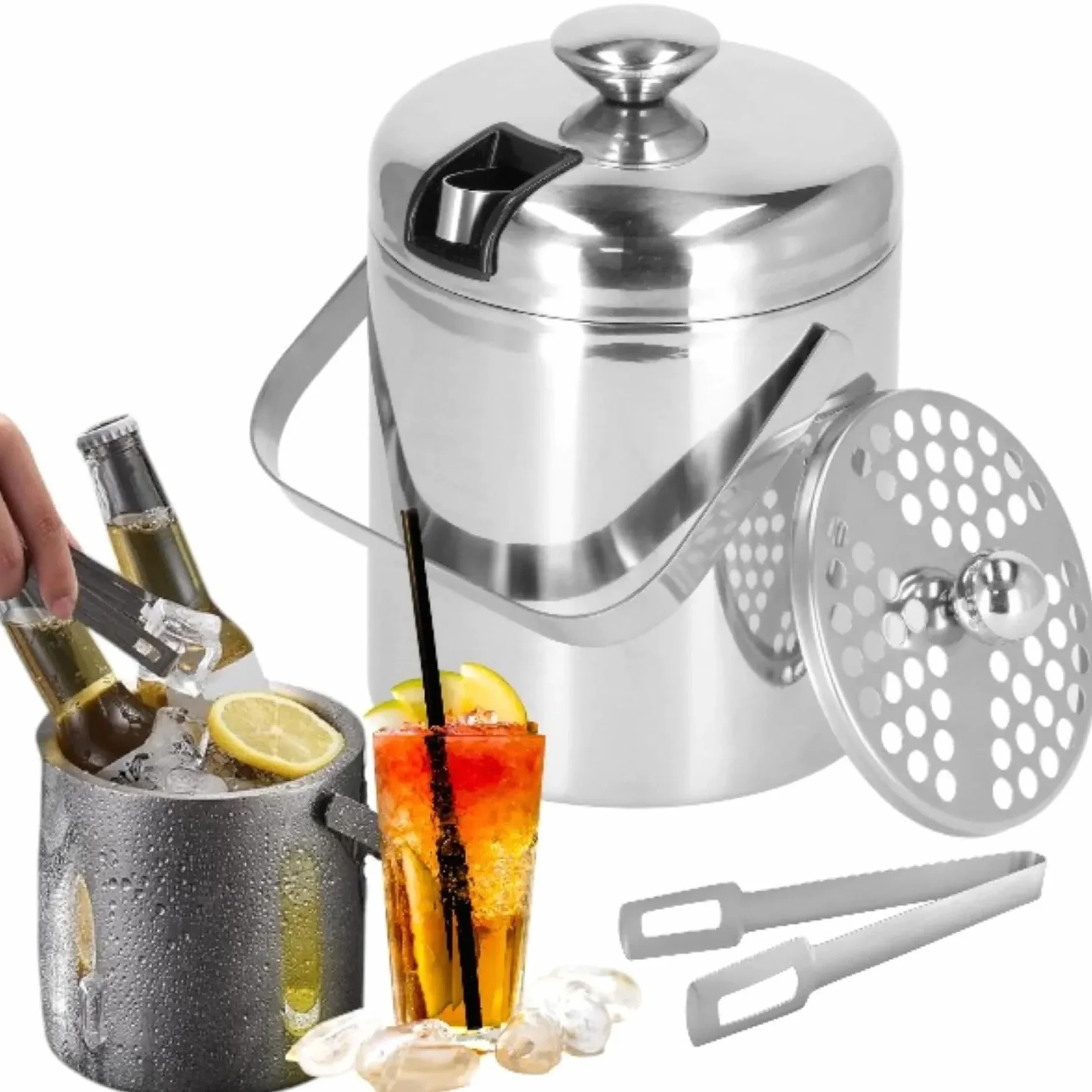 Pojemnik na lód ze stali nierdzewnej ze szczypcami – 1,3 l termiczny pojemnik na lód do baru, na imprezę – srebrny pojemnik na lód do whisky, napojów