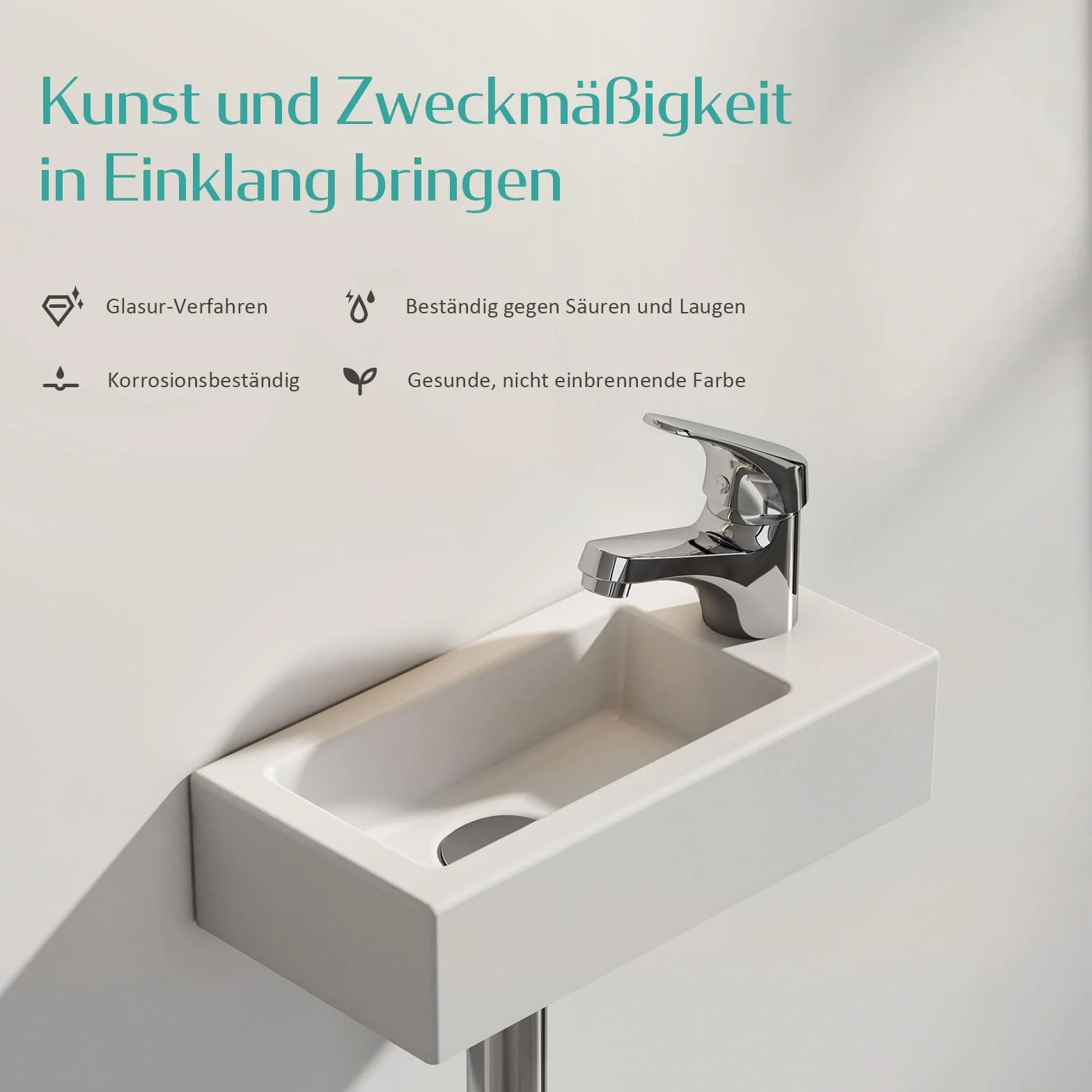 EMKE Umywalka – mini umywalka wisząca do łazienki i WC dla gości – 36 × 18 × 9 cm – wysokiej jakości ceramiczna umywalka – prostokątna, z otworem na armaturę, prawa – biała