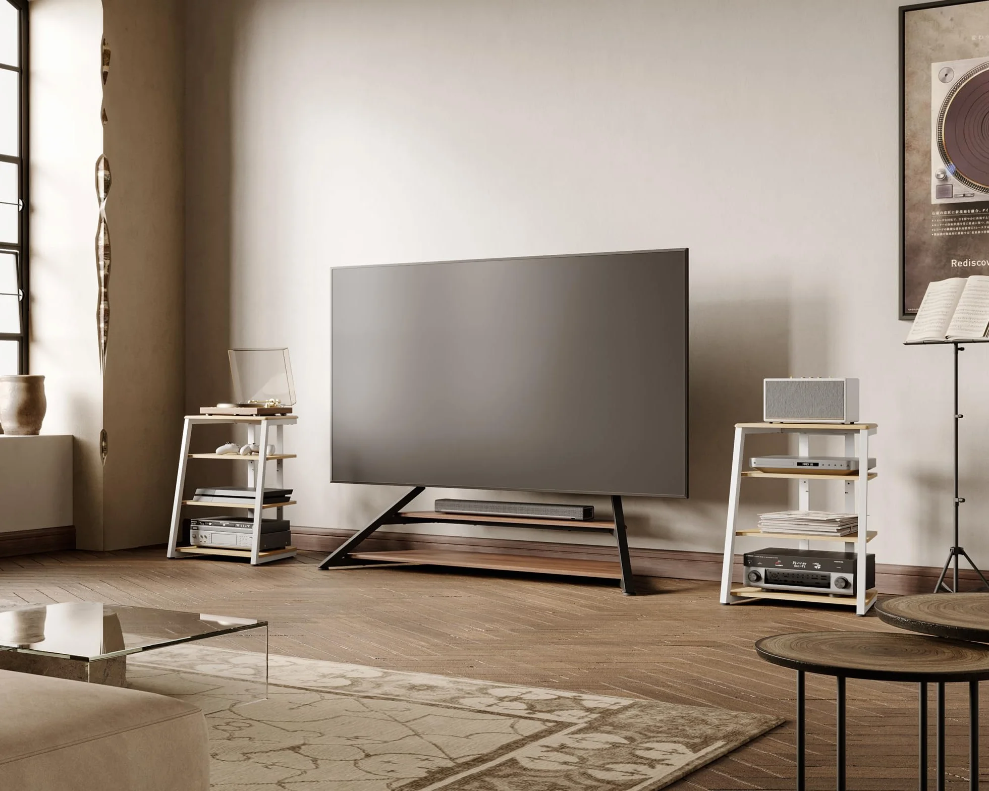FITUEYES DESIGN 4-poziomowy stojak na media AV, drewniany stojak na telewizor, komponent, szafka, stojak stereo, wieża audio z regulacją wysokości, drewniane półki, do Apple TV/Xbox One, ps4, orzech włoski