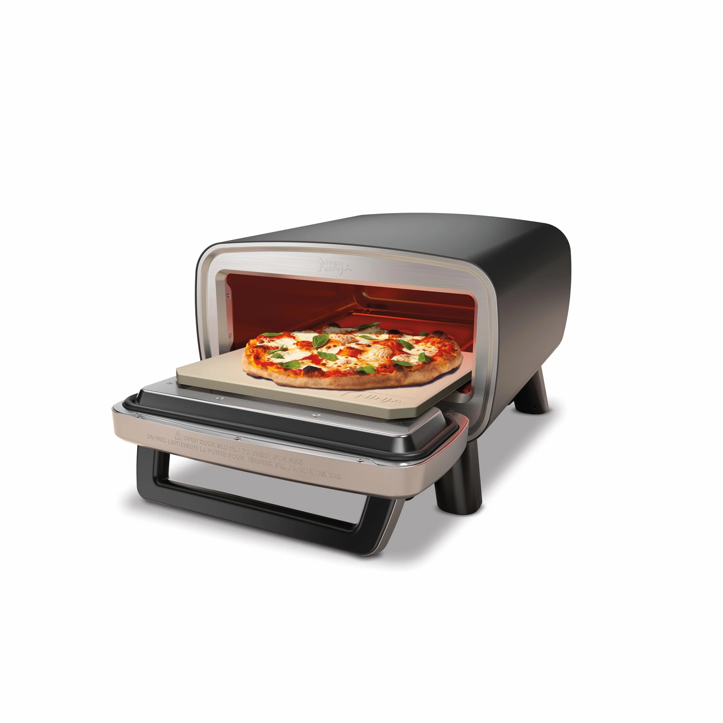 Ninja Artisan Elektryczny piec do pizzy i frytkownica, 4 funkcje: Pizza, Smażenie beztłuszczowe, Wypieki i Garowanie ciasta, 5 ustawień pizzy, kamień 30 cm, łopatka, blacha, kosz, szary MO201EU