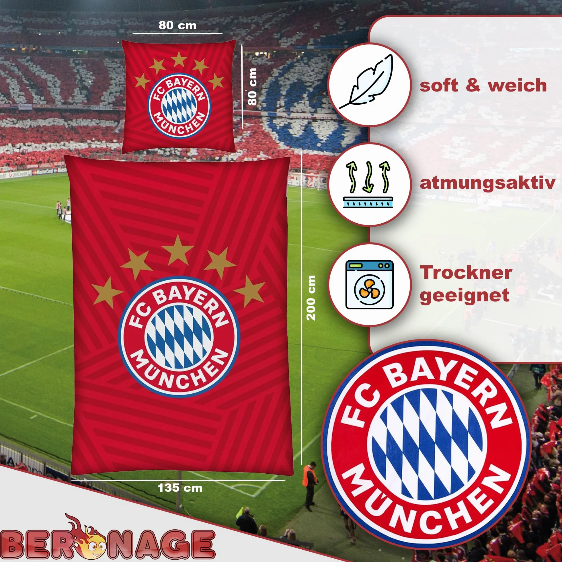 FC Bayern München Pościel Player czerwona 135 x 200 cm + 80 x 80 cm 100% bawełna renforcé/linon rekordmeister Mia san Mia Allianz Arena piłka nożna artykuł dla fanów z zamkiem błyskawicznym pomysł na