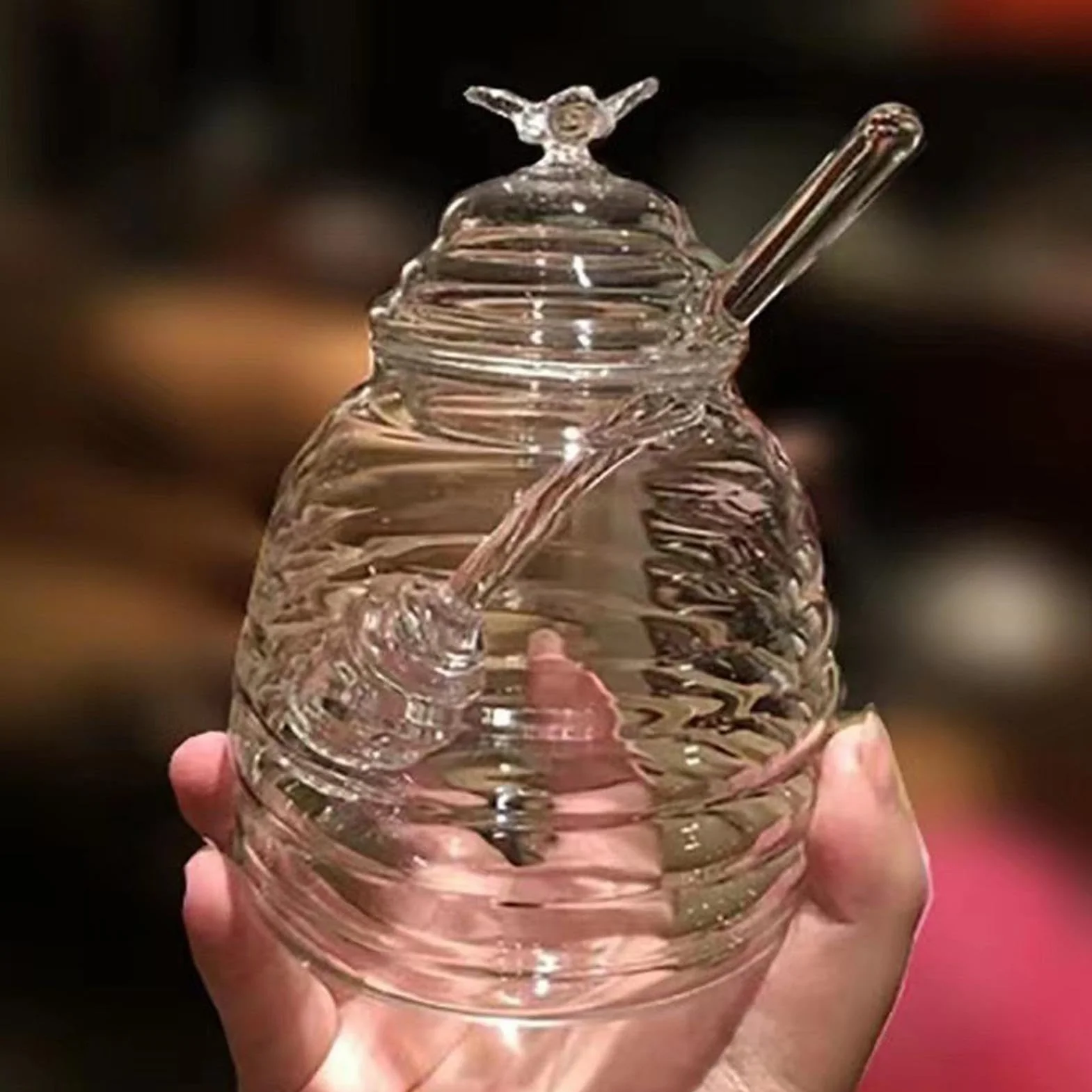 Słoik na miód z pojemnikiem i pokrywką, 500 ml miód pszczoła garnek przezroczysty szklany słoik na miód odporny szklany dozownik miodu do dozowania miodu i syropu