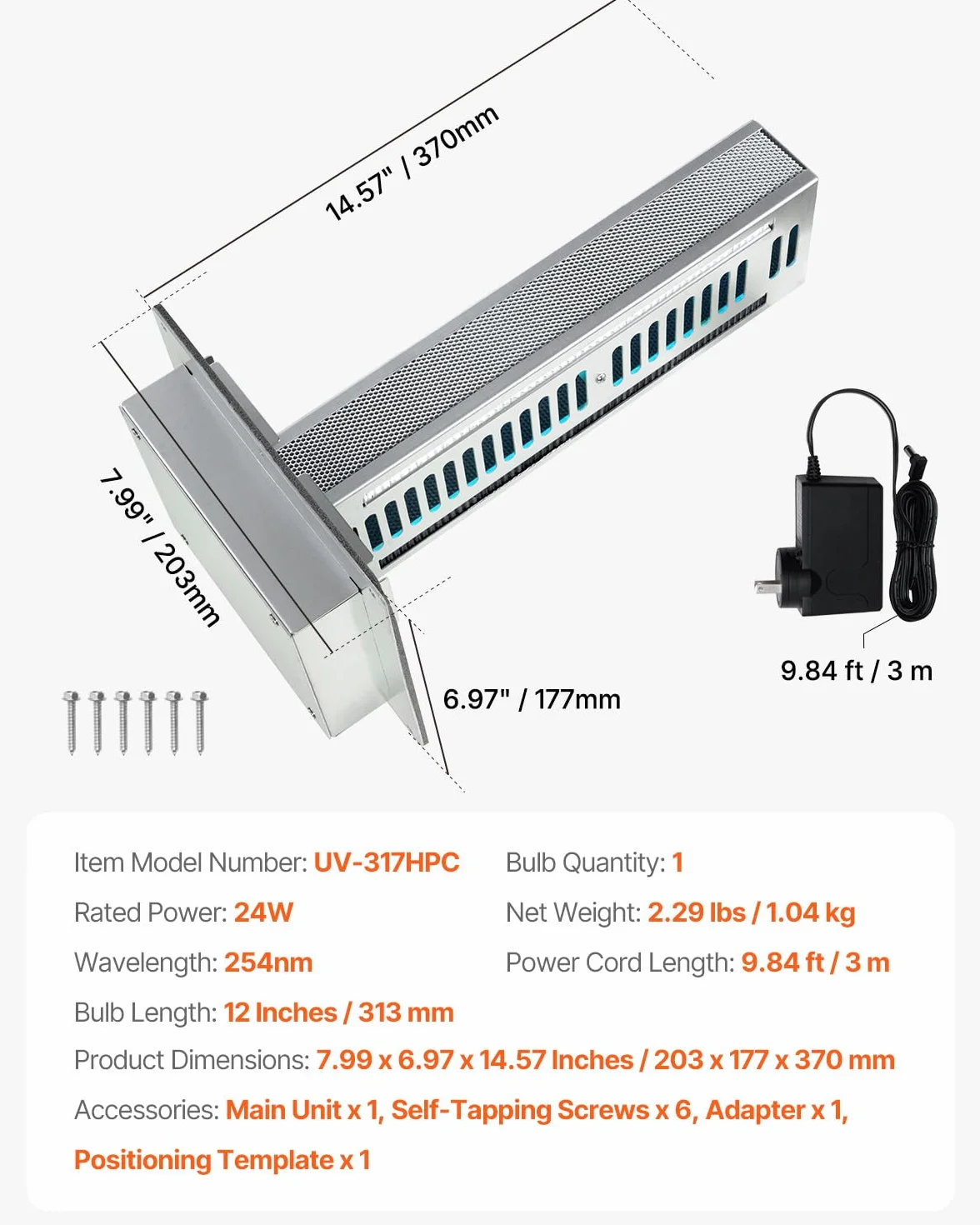 VEVOR Oczyszczacz powietrza HVAC 24 W 254 nm z 2 żarówkami filtr węglowy