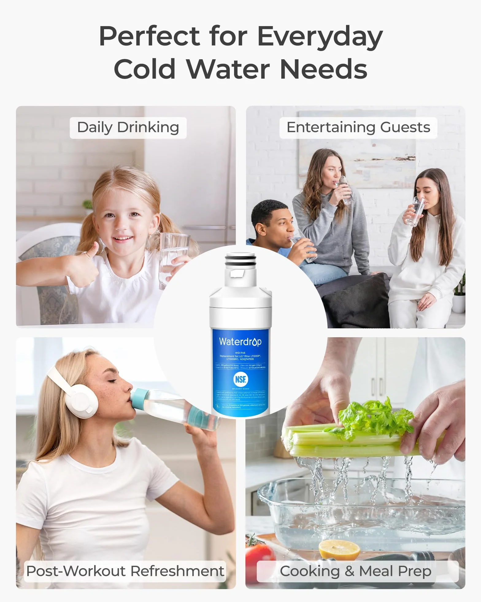Waterdrop LT1000PC ADQ747935 MDJ64844601 filtr wody do lodówki, zamiennik dla LG® LT1000P®, ADQ74793501, ADQ74793502, Kenmore 46-9980, 9980, certyfikat NSF, opakowanie 3 szt