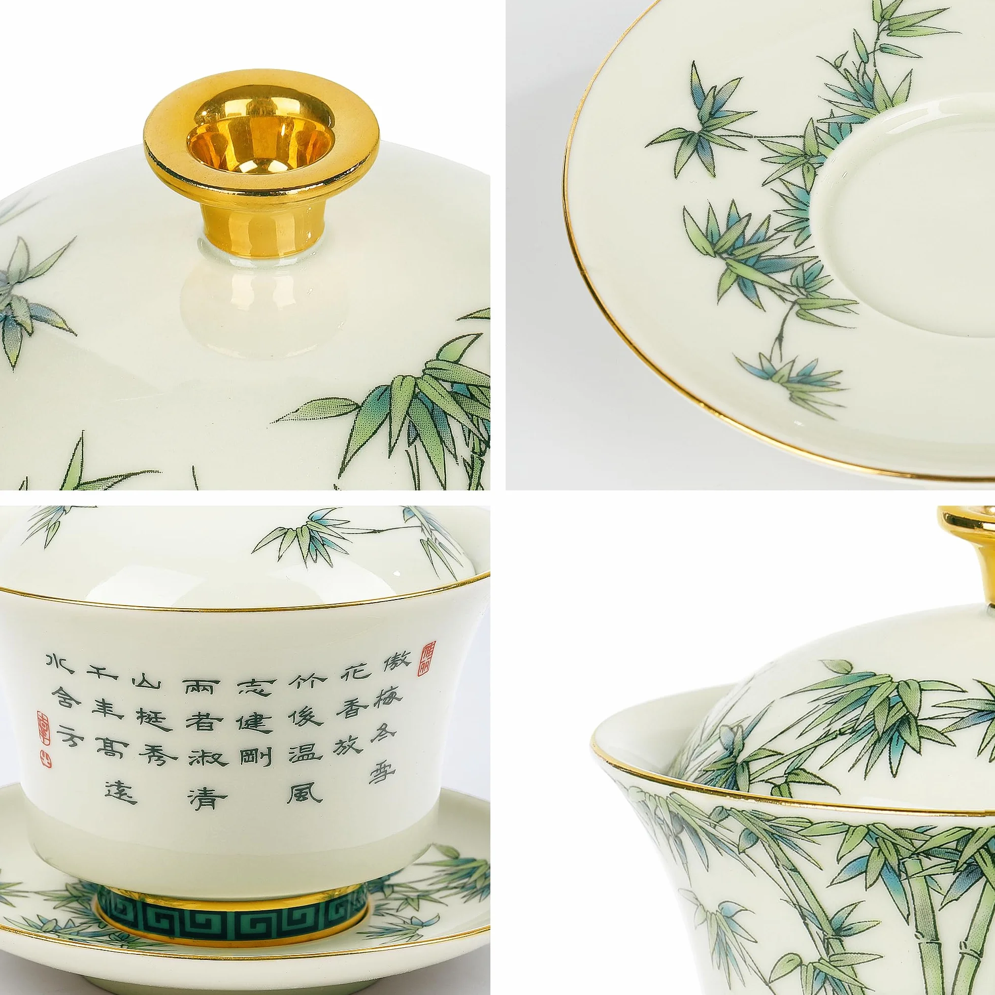 fanquare Chiński Gaiwan czerwone kwiaty śliwy zielony bambus porcelana Sancai miska do herbaty z pokrywką vintage filiżanka spodek zestaw 200 ml