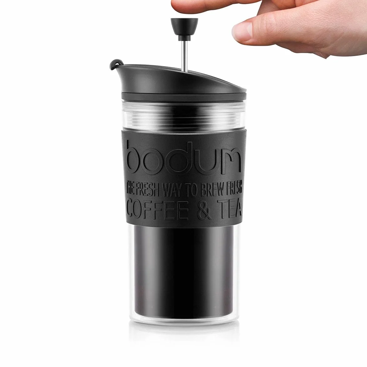 Bodum Izolowany kubek tłokowy 11102-01s z pokrywą na zawiasach, 0,35 litra, czarny, przezroczysty, plastikowy, 8,9 cm