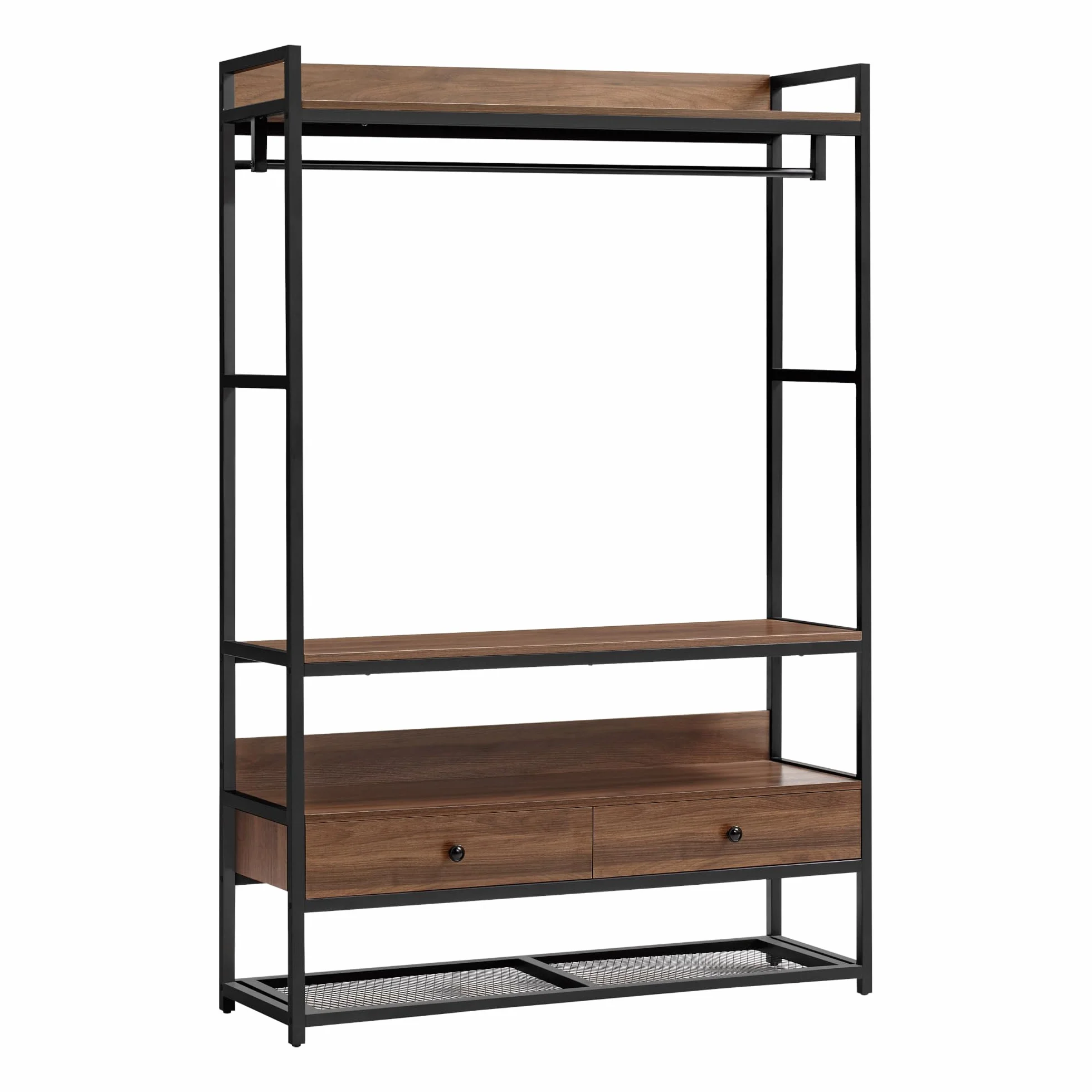 [en.casa] Wieszak Isen z drążkiem na ubrania, wieszak na ubrania, otwarta płyta MDF, szafa z 4 półkami i 2 szufladami, 180 x 120 x 40 cm, wygląd orzecha włoskiego