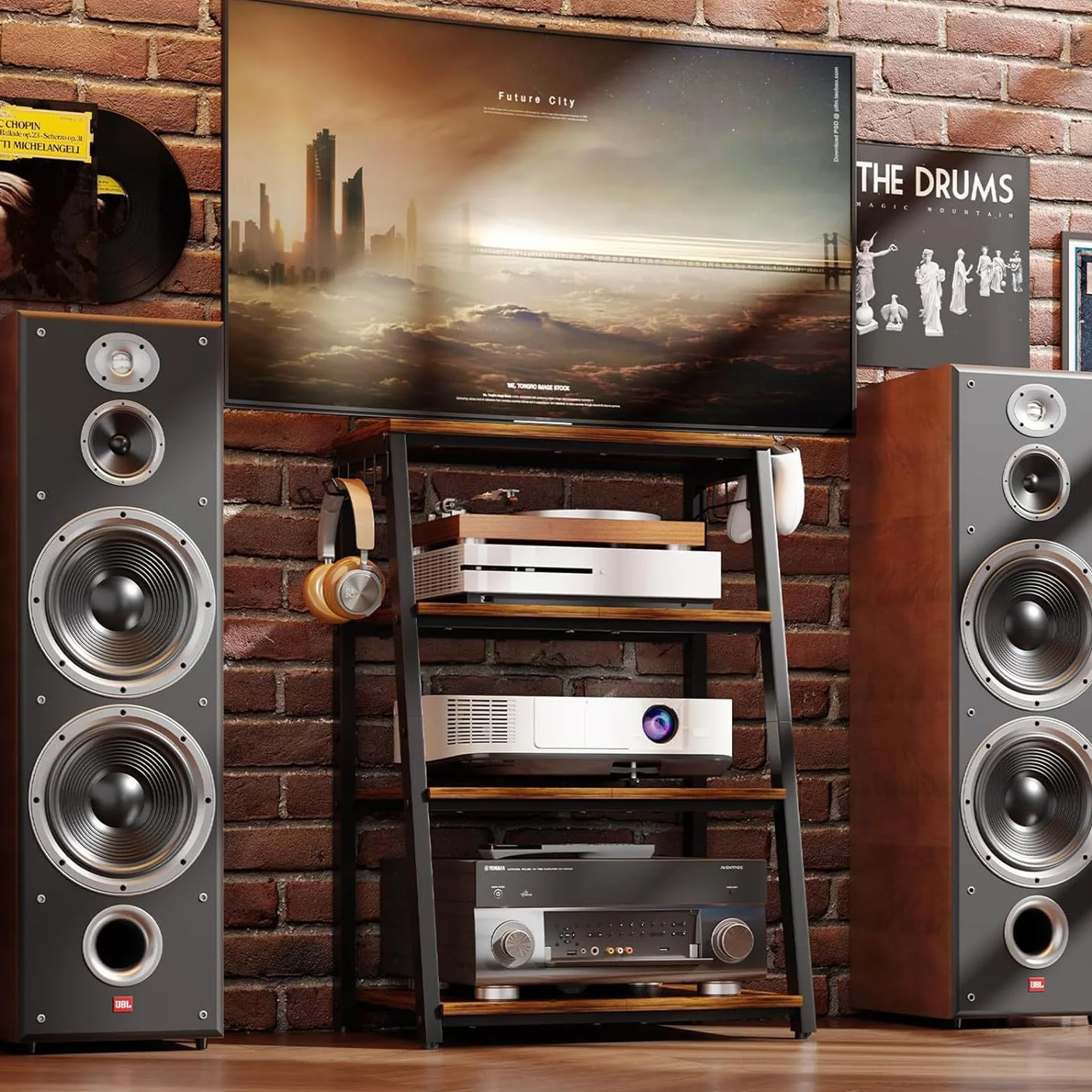 TWSOUL 4-stopniowy regał HiFi, szafka na gramofon, drewniana i stalowa wieża audio, regał do gier z otwartymi półkami, do gramofonów i systemów stereo oraz instalacji kompaktowych, 48 x 36 x 80 cm