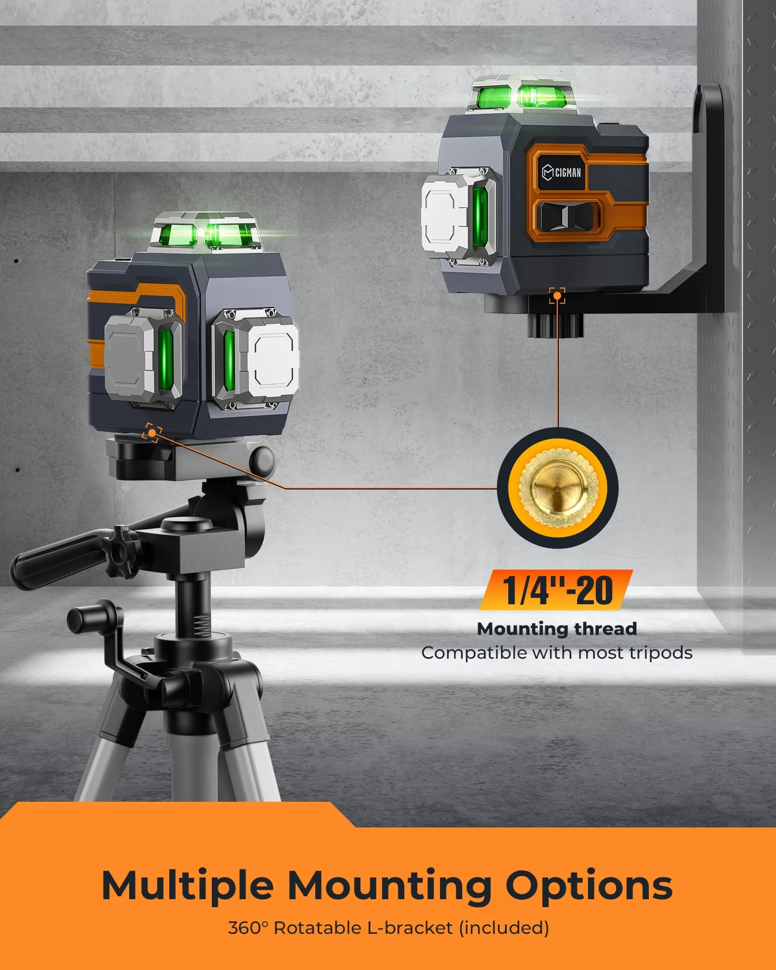 Laser krzyżowy, Cigman App Inteligentna kontrola 3x360 stopni samodzielna laserowa skala wody laserowej, z akumulatorami litowymi, laserowym laserowym zielonym laserowym zielonym do użytku (CM-S01)