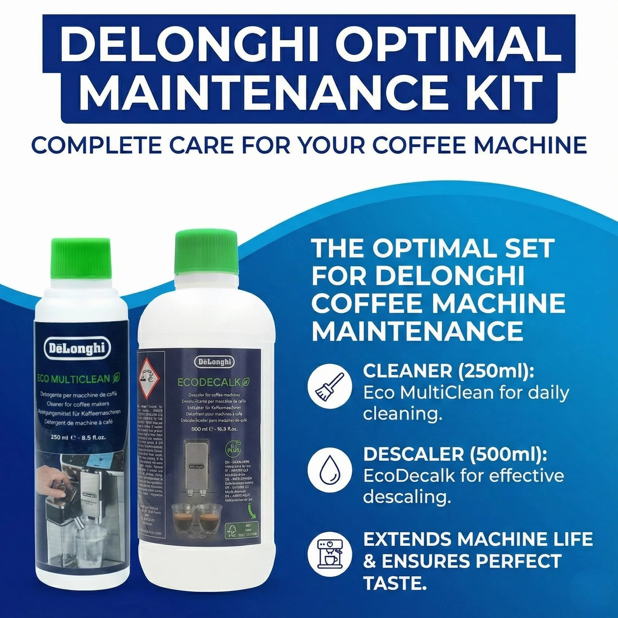 Aquafloow Zestaw Pielęgnacyjny kompatybilny z DeLonghi – 3x Filtr Wody (za DLSC002), EcoDecalk Odkamieniacz (500ml) & Eco MultiClean (250ml) – Kompletny Pakiet Serwisowy