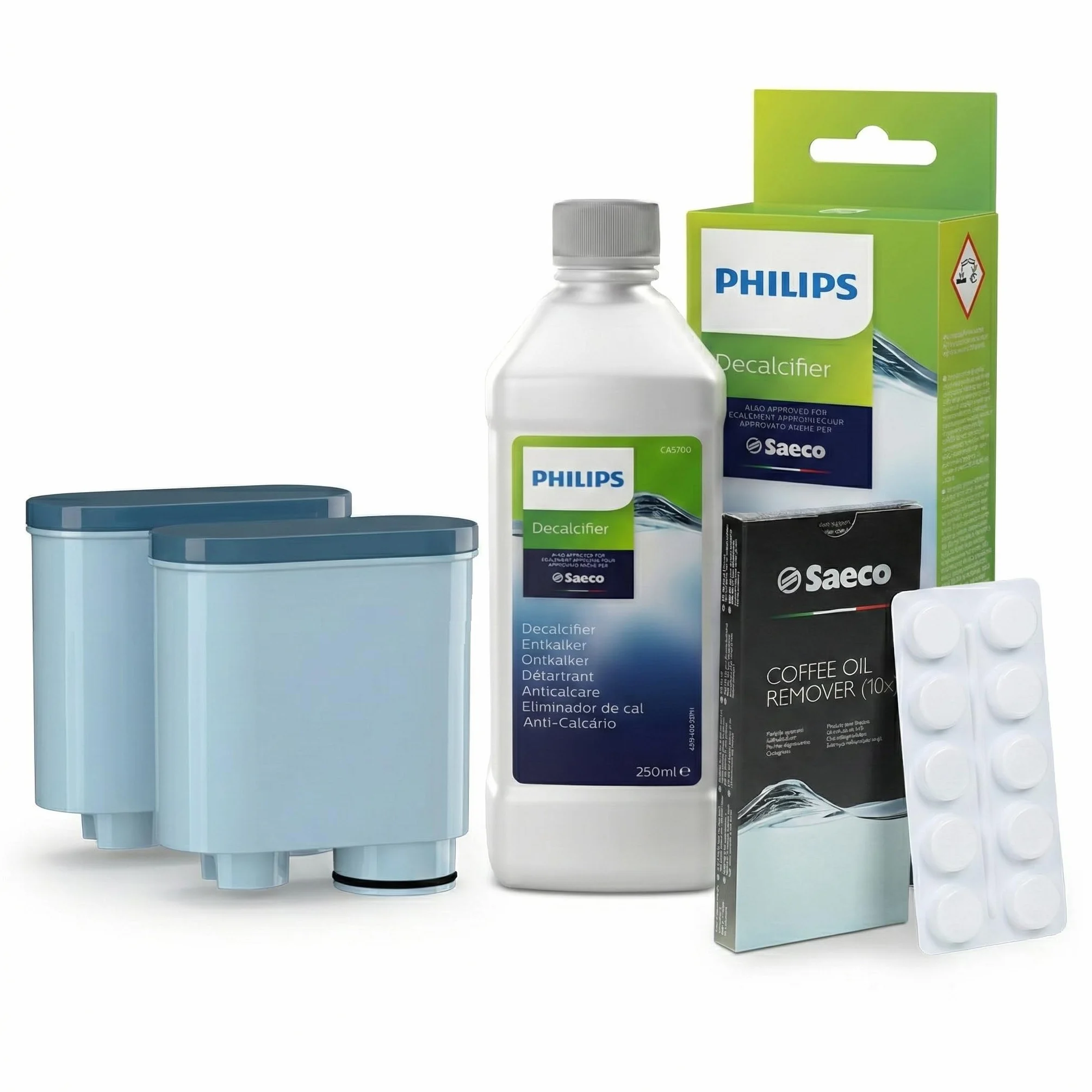 Zestaw do Czyszczenia Ekspresu Philips oryginalne Tabletki Odtłuszczające, Odkamieniacz w Płynie Decalcifier 250 ml oraz 2 Zamienne Filtry Aquafloow, zamiennik dla Saeco AquaClean