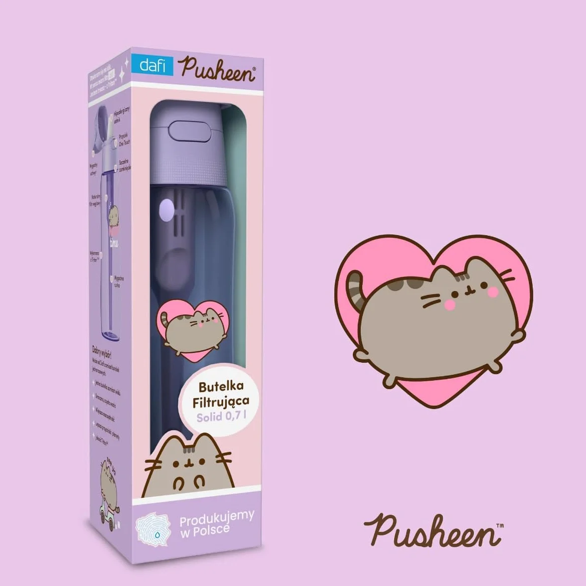 DAFI x PUSHEEN Butelka filtrująca Solid 0,7 l Lavender + 4 filtry węglowe - Wykonana z wytrzymałego Tritanu™, Bez BPA, Wyprodukowano w Polsce