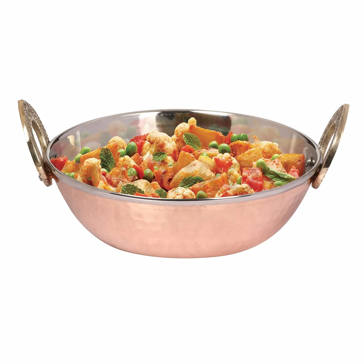 Zap Impex Indyjskie naczynie do serwowania, miedź i młotkowana stal nierdzewna Karahi do indyjskich potraw i curry, zestaw 2 sztuk, średnica 19 cm, srebro 8904295400458