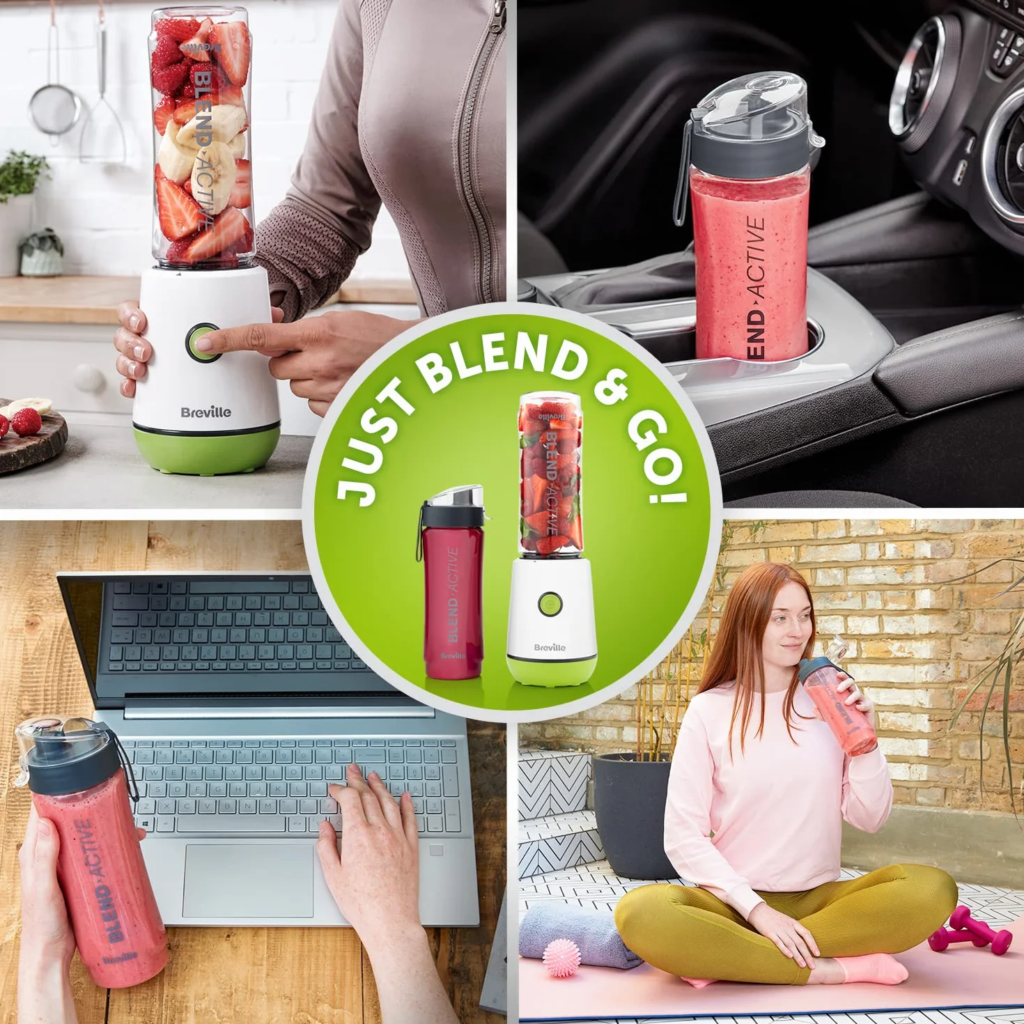 Breville Blend Active Personal Blender & Smoothie Maker | 350 W | Pakiet rodzinny | 4 przenośne butelki z mieszanką aktywnych (300 ml | 600 ml) | szczelne pokrywki | biało-zielone [VBL252]