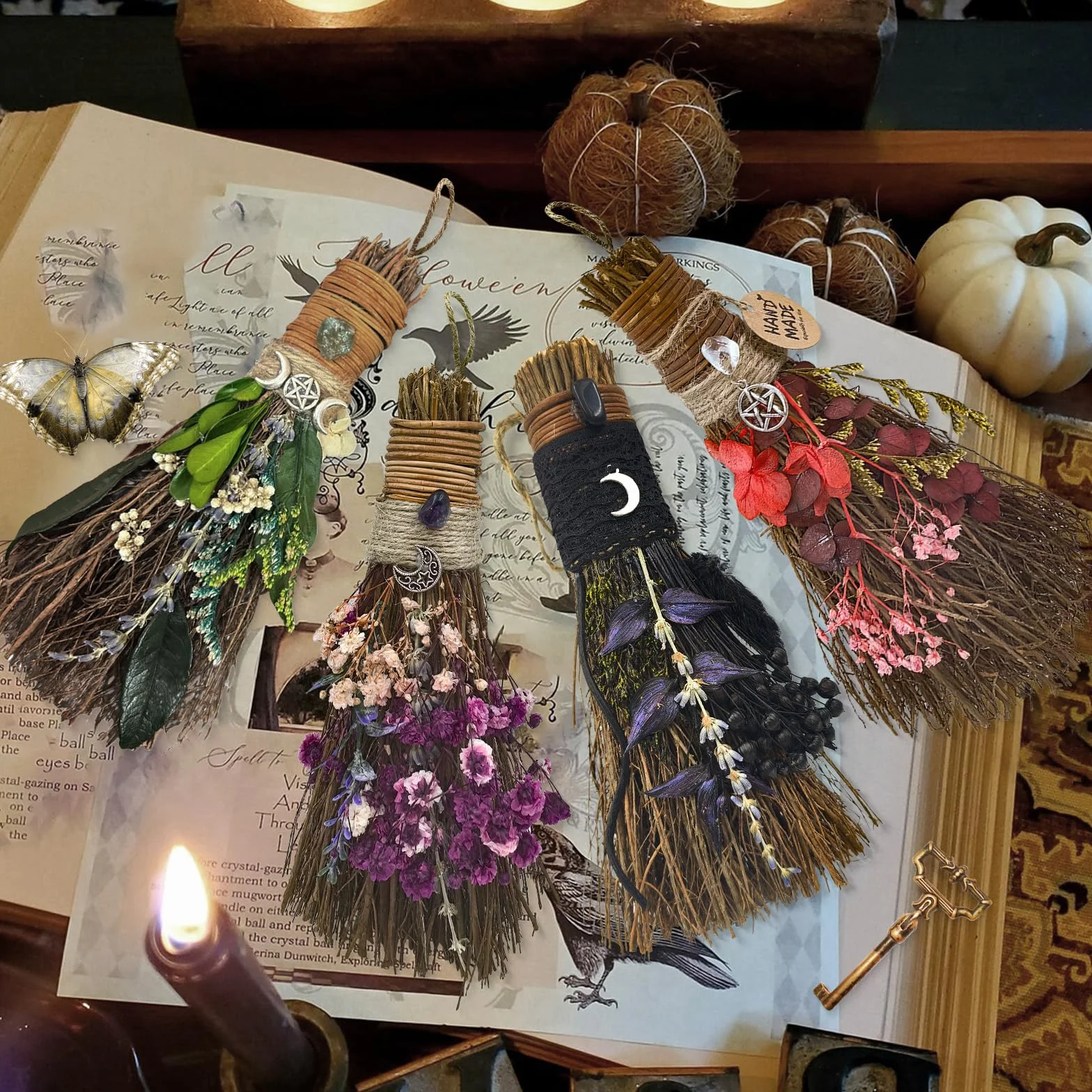 Miotła cynamonowa 19 cm, mini impreza tematyczna, dekoracyjna miotła z suszonymi kwiatami, miotła czarownica, wicca, naturalny magiczny kryształ, akcesoria na magiczne ceremonie, ręcznie robiona