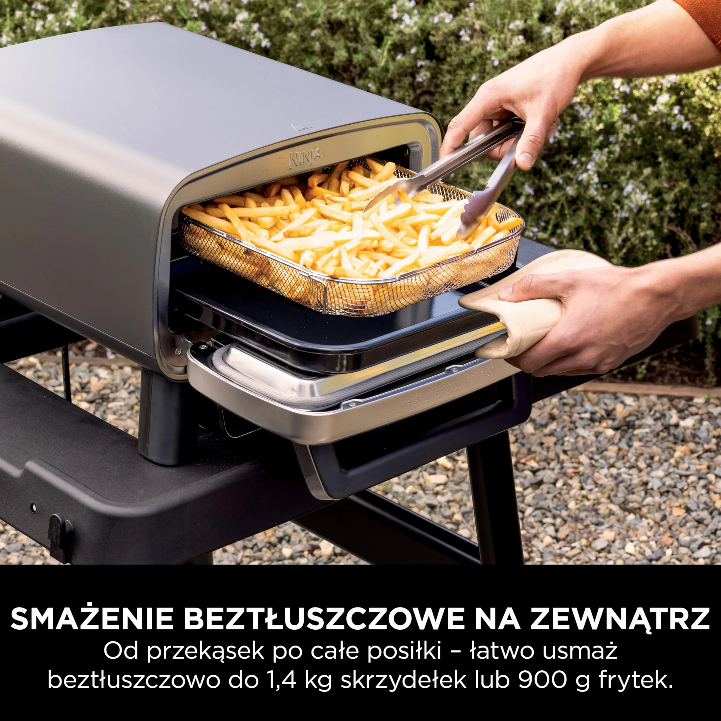Ninja Artisan Elektryczny piec do pizzy i frytkownica, 4 funkcje: Pizza, Smażenie beztłuszczowe, Wypieki i Garowanie ciasta, 5 ustawień pizzy, kamień 30 cm, łopatka, blacha, kosz, szary MO201EU
