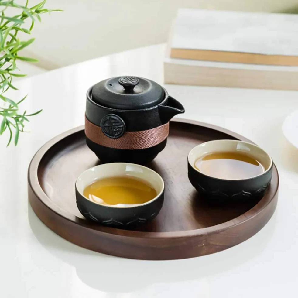 Syfunlv Mini podróżny dzbanek do herbaty ceramiczny, przenośny zestaw do herbaty Kung-Fu z garnkiem i dwoma kubkami, z filtrem do wody do herbaty i workiem do przechowywania na zewnątrz piknik do biura domu