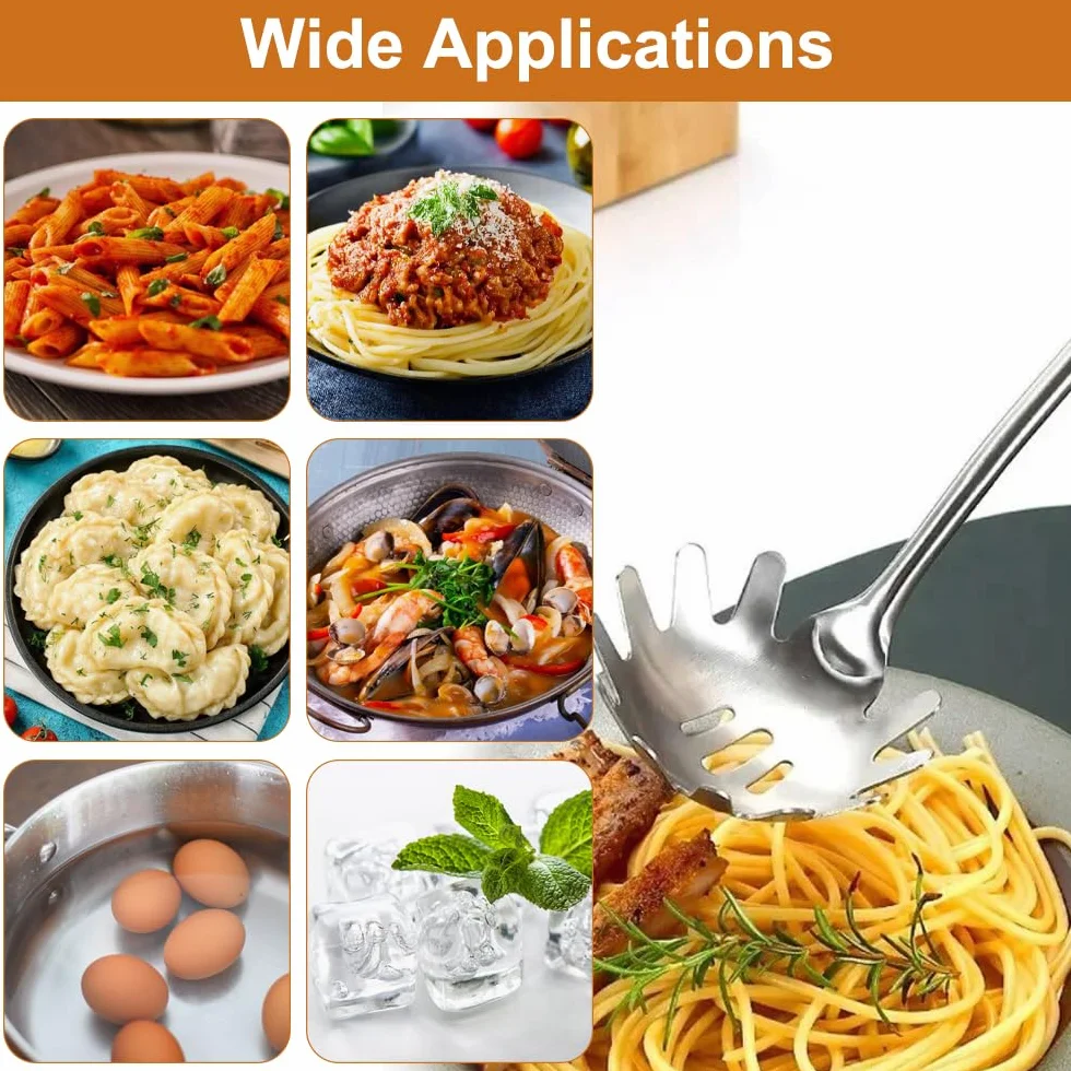 2 sztuki łyżek do spaghetti i szczypce do makaronu ze stali nierdzewnej z ząbkami i ergonomicznym uchwytem, łyżka do makaronu Hängba, nadaje się do mycia w zmywarce, łyżeczki do makaronu do pieczenia