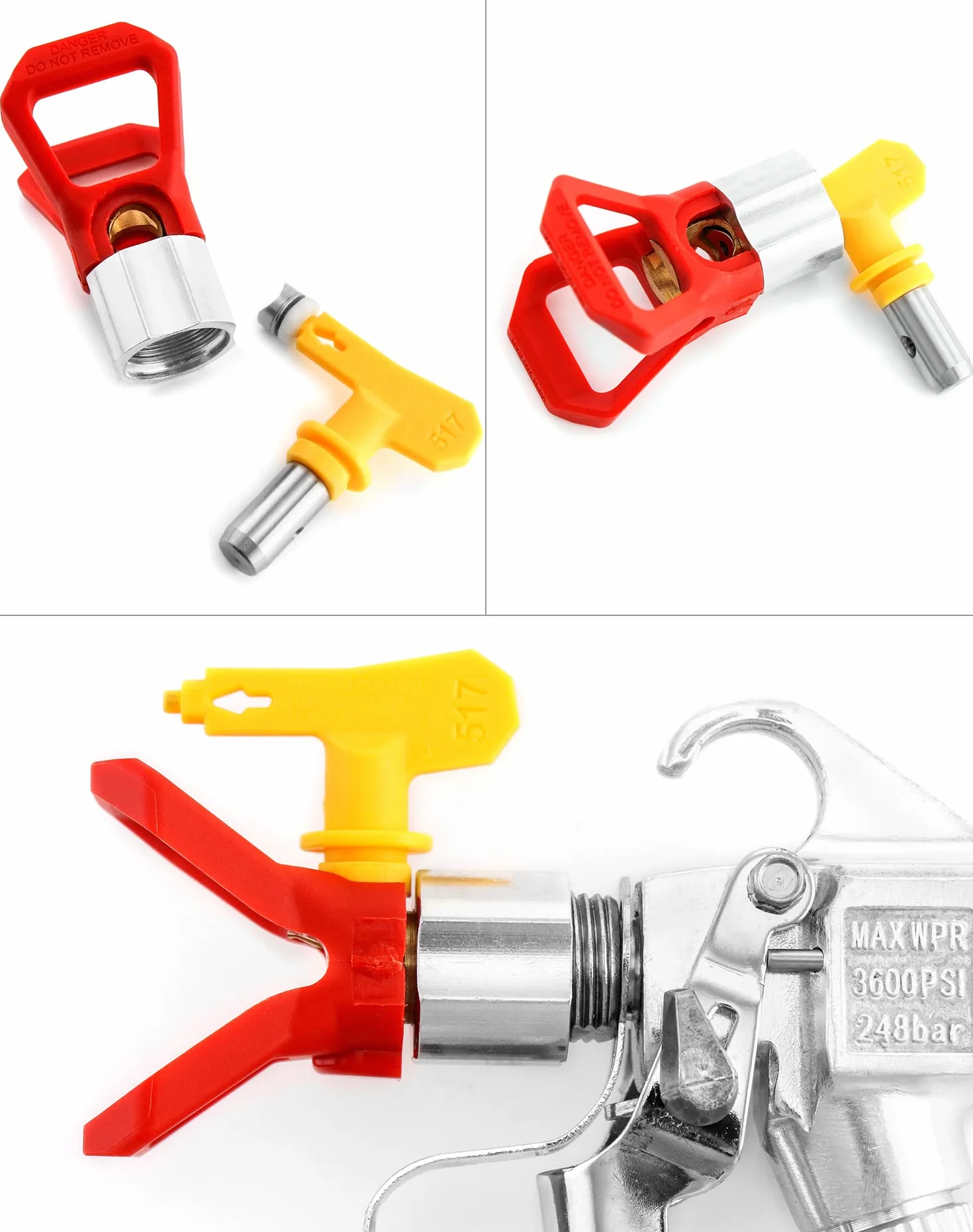 QWORK® Airless pistolet wysokociśnieniowy z gniazdem dyszy i dyszą 517 do systemu natryskiwania farby, 3600 PSI / 250 BAR