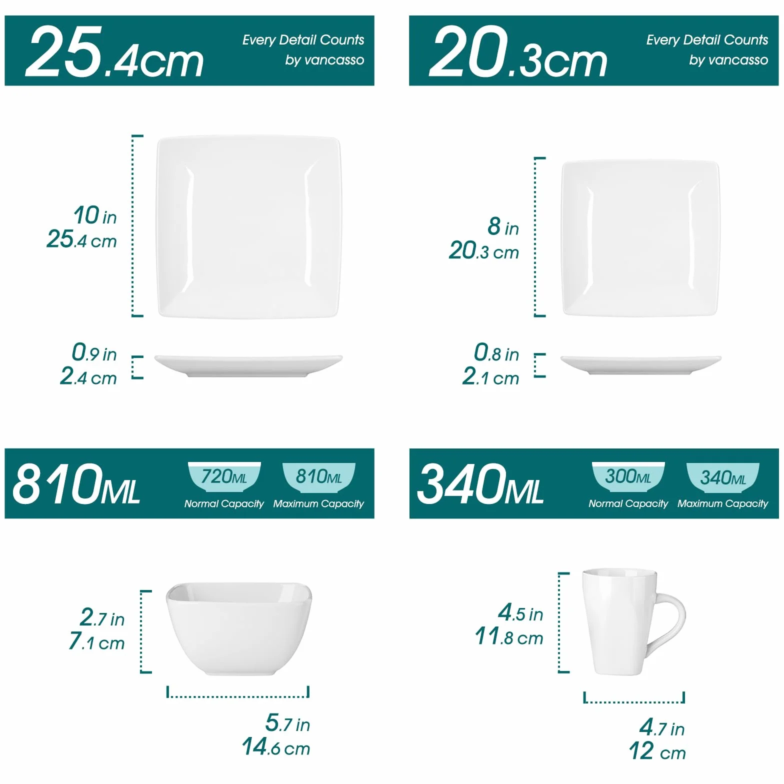vancasso Soho 24-częściowy zestaw obiadowy, kwadratowe talerze i miski dla 6 osób, zestaw naczyń z kamionki z talerzami obiadowymi 25 cm, talerzem deserowym 20 cm, miseczkami na musli 810 ml i kubkiem
