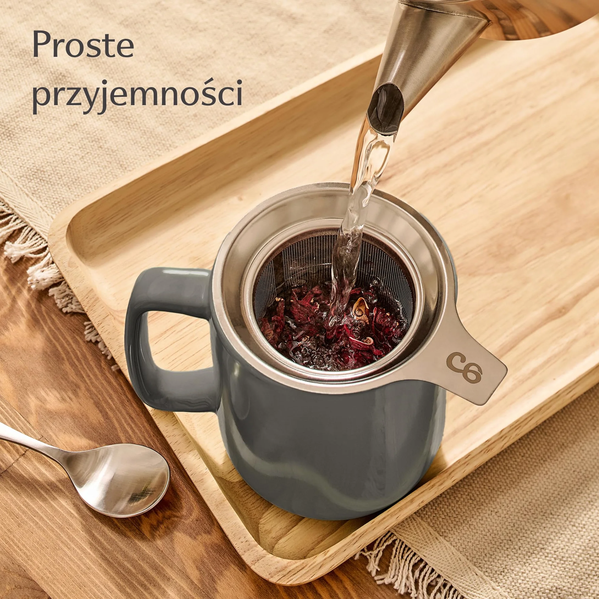 Cosumy Filiżanka z sitkiem i pokrywką - Ceramiczna - Długo utrzymuje ciepło - Duża 500 ml XXL - Można myć w zmywarce (Antracytowa)