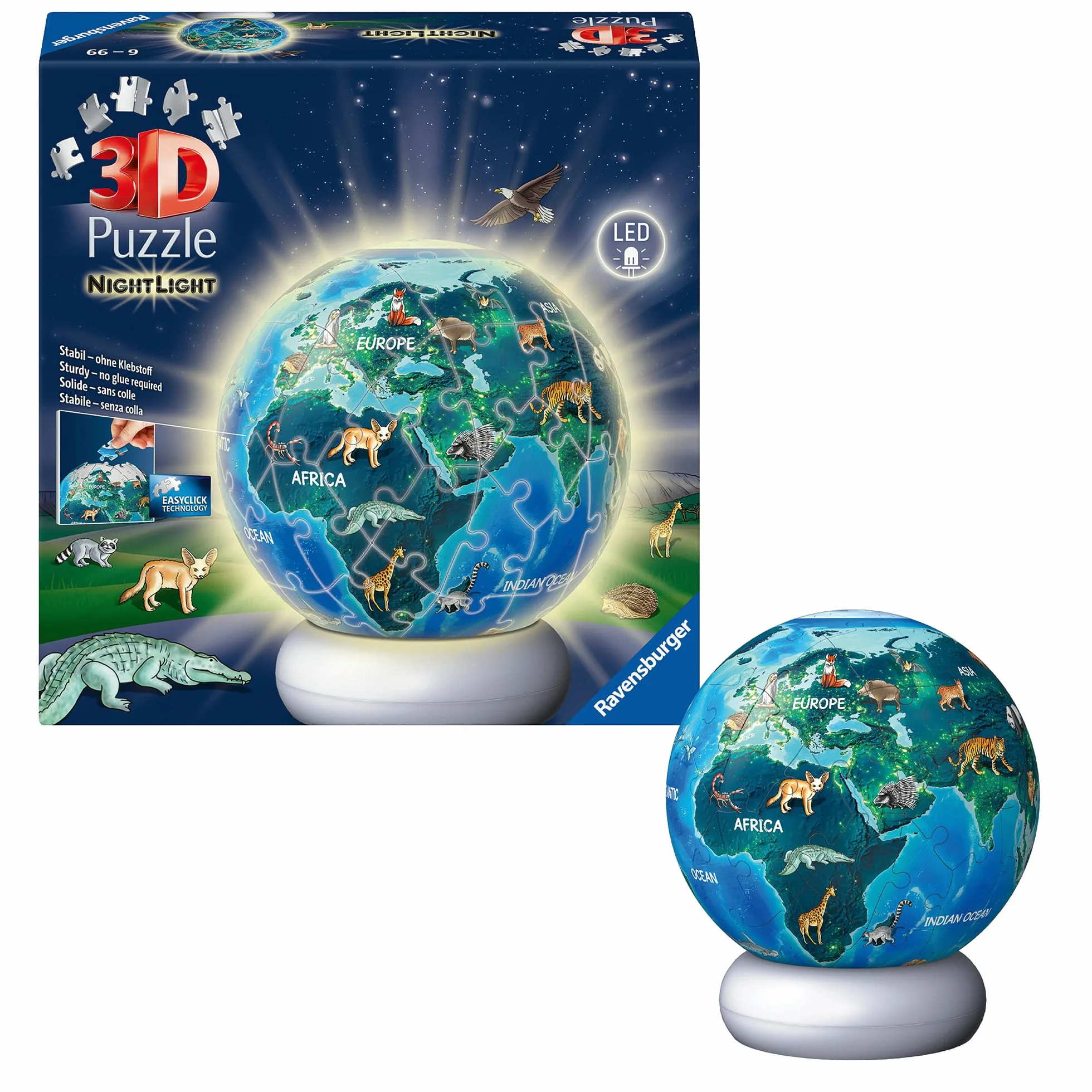 3D Puzzle-Ball Nachtlicht Erde mit Tiermotiven: Erleben Sie Puzzeln in der 3. Dimension!