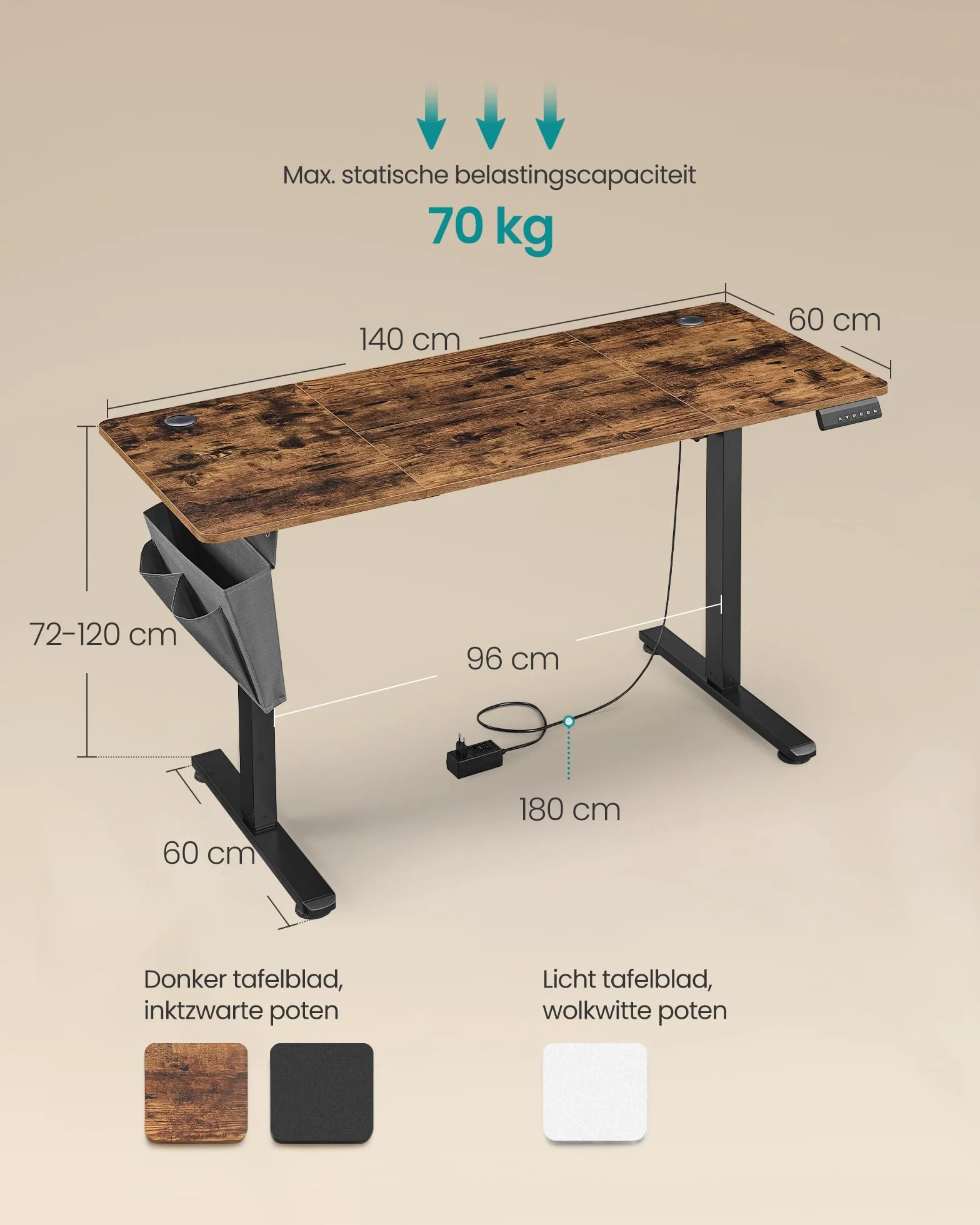 SONGMICS Biurko z elektryczną regulacją wysokości, 140 x 60 x (72-120) cm, regulowane, 4-stopniowa funkcja pamięci wysokości, do biura domowego, gabinetu, kolor brązowo-atramentowy LSD134K01