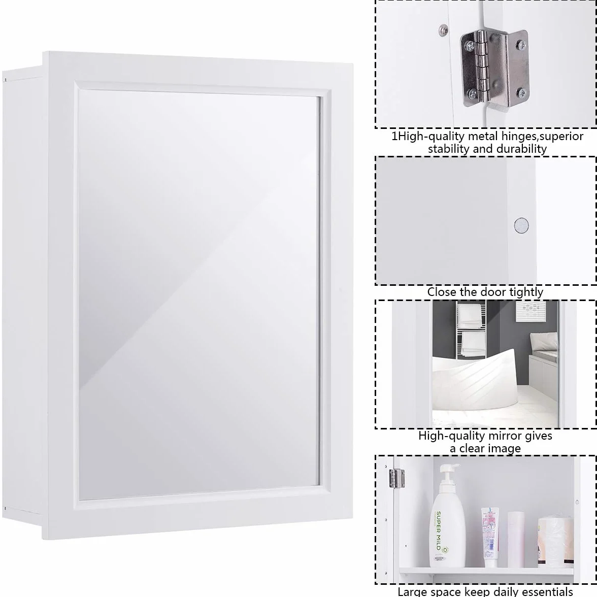 GIANTEX Szafka łazienkowa z lustrem, szafka wisząca z lustrem, szafka łazienkowa z półką z regulacją wysokości, lustro łazienkowe, szafka ścienna, szafka na kosmetyki z drewna, 50 x 16 x 66 cm (biała)