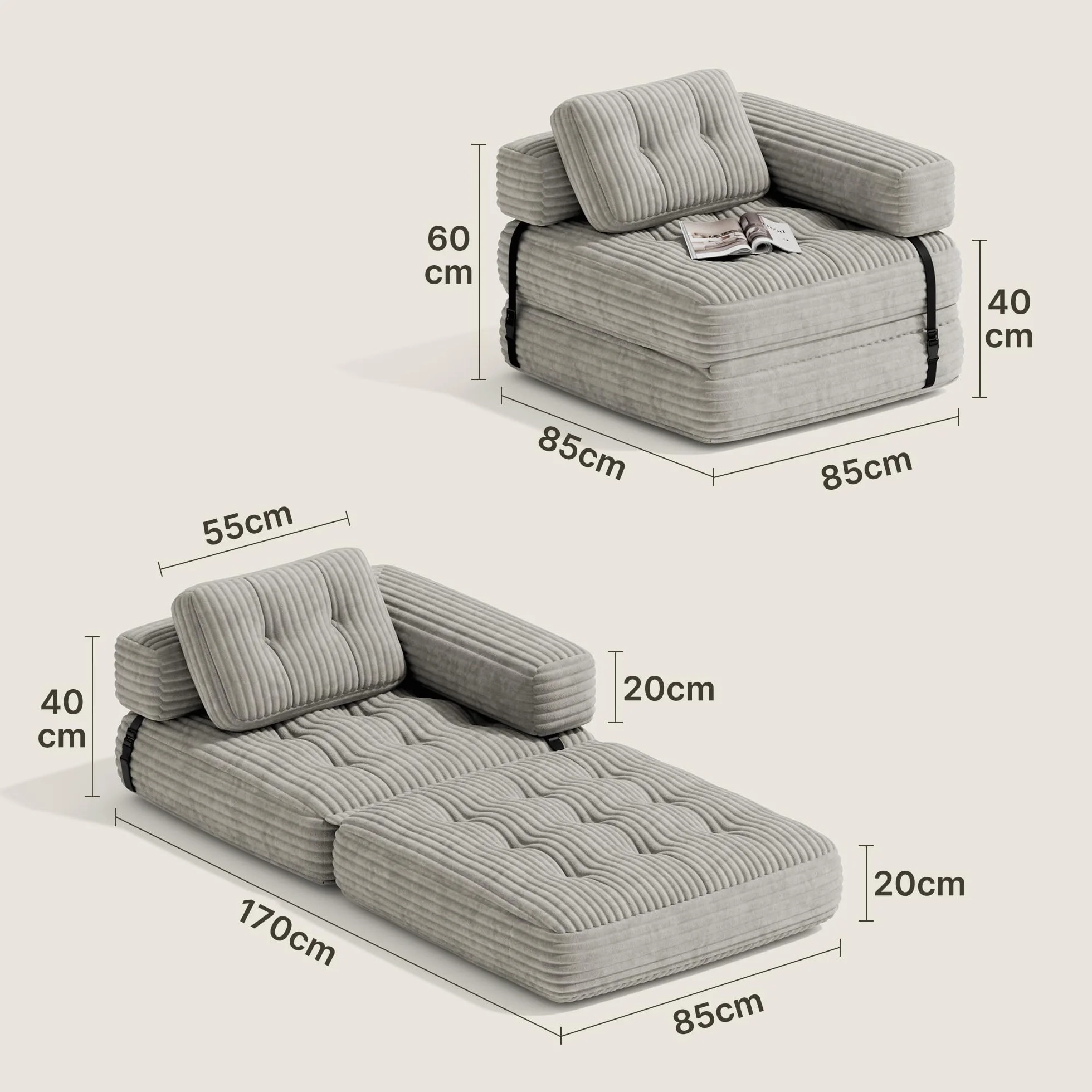 Xbro Składana sofa z podłokietnikiem w kształcie litery L, składany fotel 2 w 1 przenośny do małych przestrzeni, sztruksowa tkanina z wypełnieniem piankowym, 190 x 85 cm rozłożony (jasnoszary)