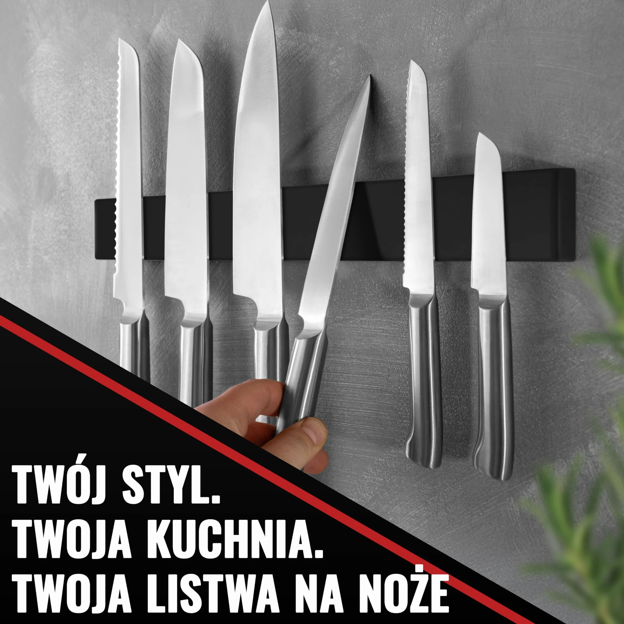 Poppstar magnetyczna listwa na noże ze stali nierdzewnej, 40 cm, z wyjątkowo mocnym magnesem, kolor czarny, różne możliwości montażu, samoprzylepna