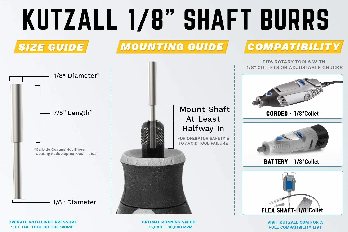 Kutzall Original Cylinder Rotary Burr, 1⁄8" Shaft, Coarse - Woodworking Attachment for Dremel, Foredom, DeWalt, Milwaukee. Abrasive Tungsten Carbide, 1⁄8" (3.1mm) Dia. X 7⁄8" (22.2mm) Length, C-18-E