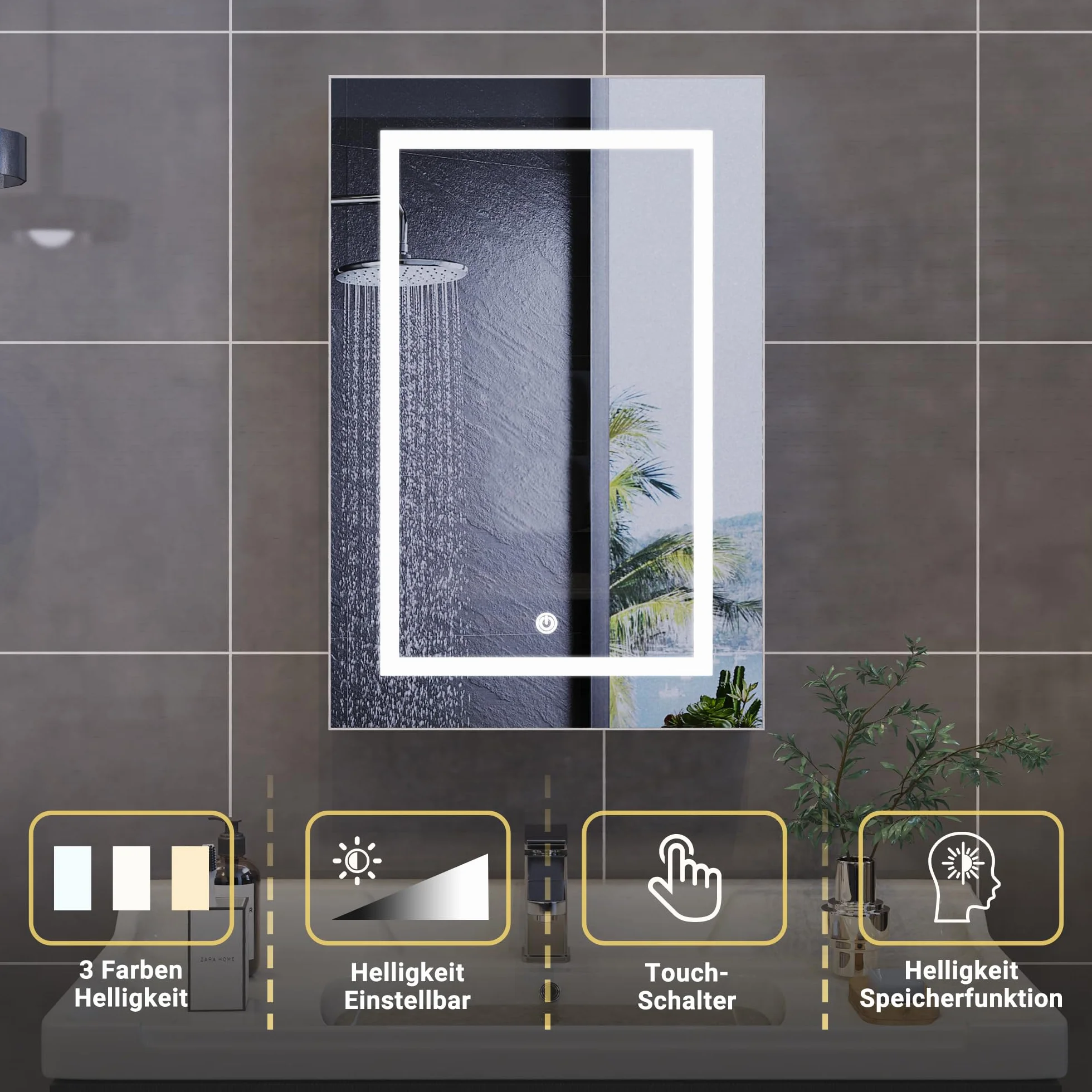 Lustro łazienkowe z oświetleniem LED, szafka z lustrem, lustro ścienne z 3 temperaturami barwowymi, ściemnialne z przełącznikiem dotykowym, szafka łazienkowa z półką, niepotęgujące 50x70cm