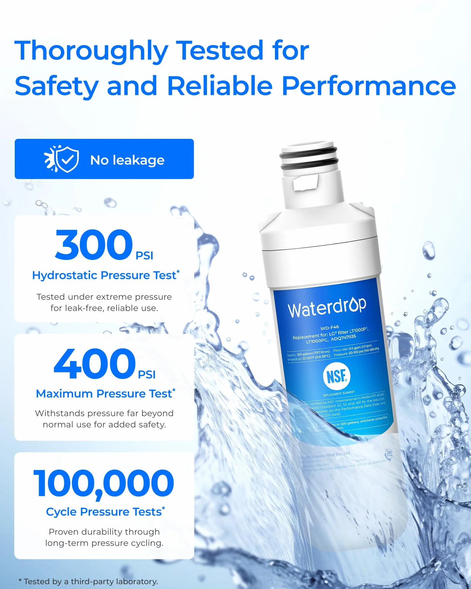 Waterdrop LT1000PC ADQ747935 MDJ64844601 filtr wody do lodówki, zamiennik dla LG® LT1000P®, ADQ74793501, ADQ74793502, Kenmore 46-9980, 9980, certyfikat NSF, opakowanie 3 szt
