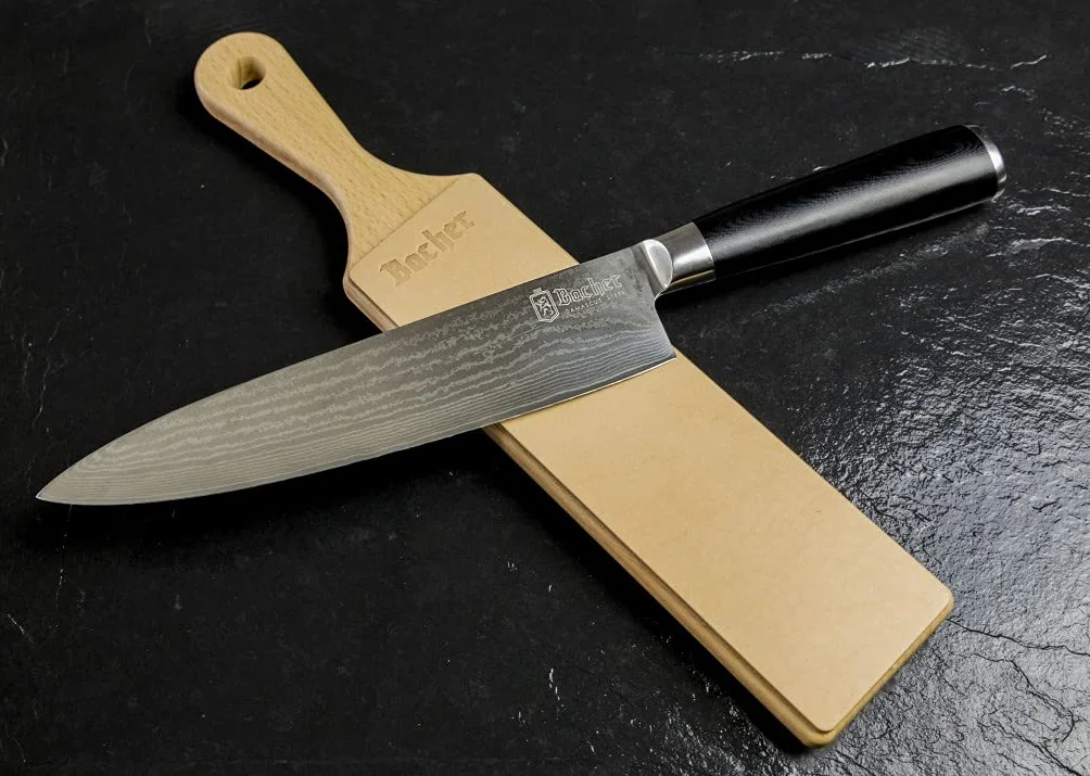 BACHER Zestaw DIY Strop – Skórzany Pas do Ostrzenia Noży z Pastami Polerskimi - 1/8" gruba, garbowana skóra bydlęca (206 mm x 56 mm), taśma klejąca 3M, 4 x 7 g zestaw past polerskich