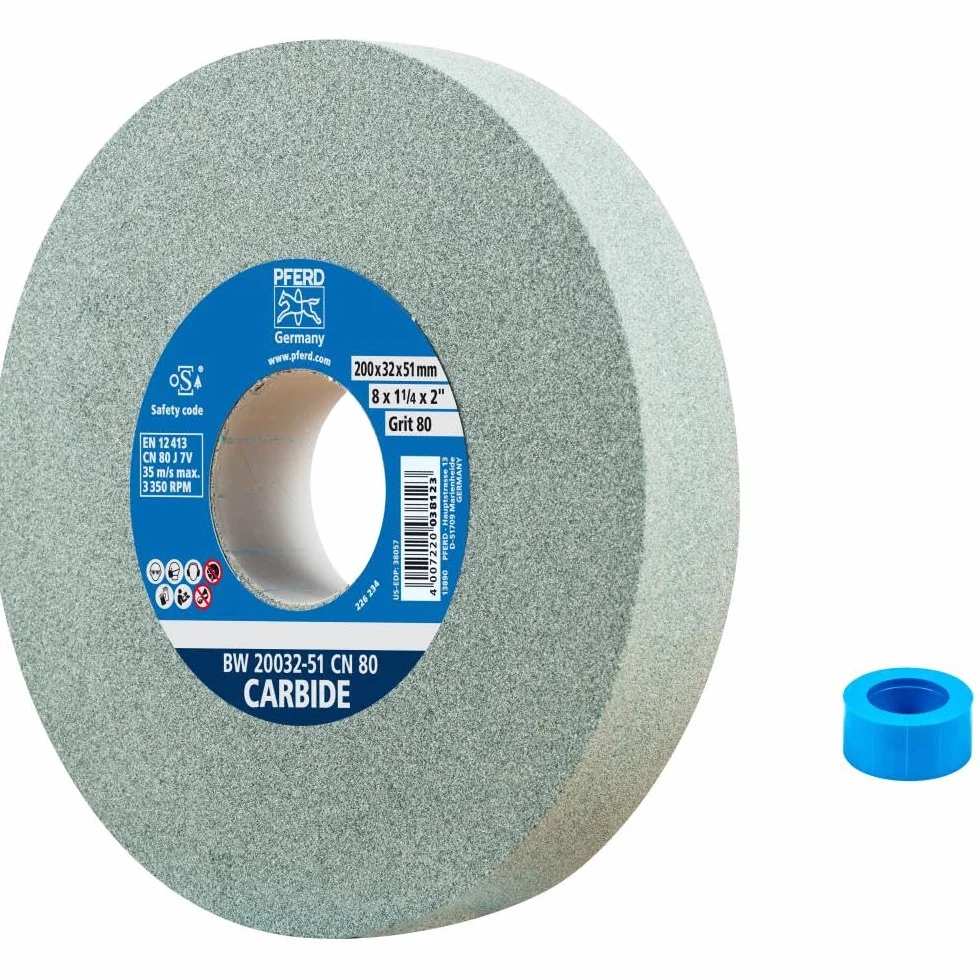 PFERD Tarcza szlifierska CARBIDE, 200 x 32 x 51 mm, SiC 80, 39009728 – miękka, agresywna tarcza szlifierska do twardych materiałów, np. twardy metal, z tuleją redukcyjną (32 mm)