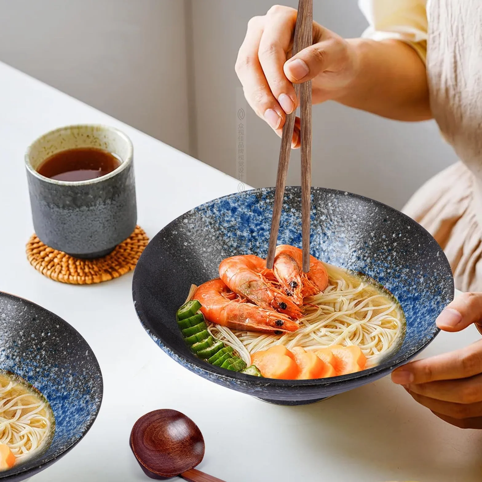 Miska Ramen,Ceramiczny Zestaw Misek Rameno, 2 X 1000ML Ceramiczna Miska do Ramenu,Japońska Miska do Ramenu do Makaronu, Tradycyjny Azjatycki Zestaw Naczyń do Udon, Makaronu, Pho, Soba