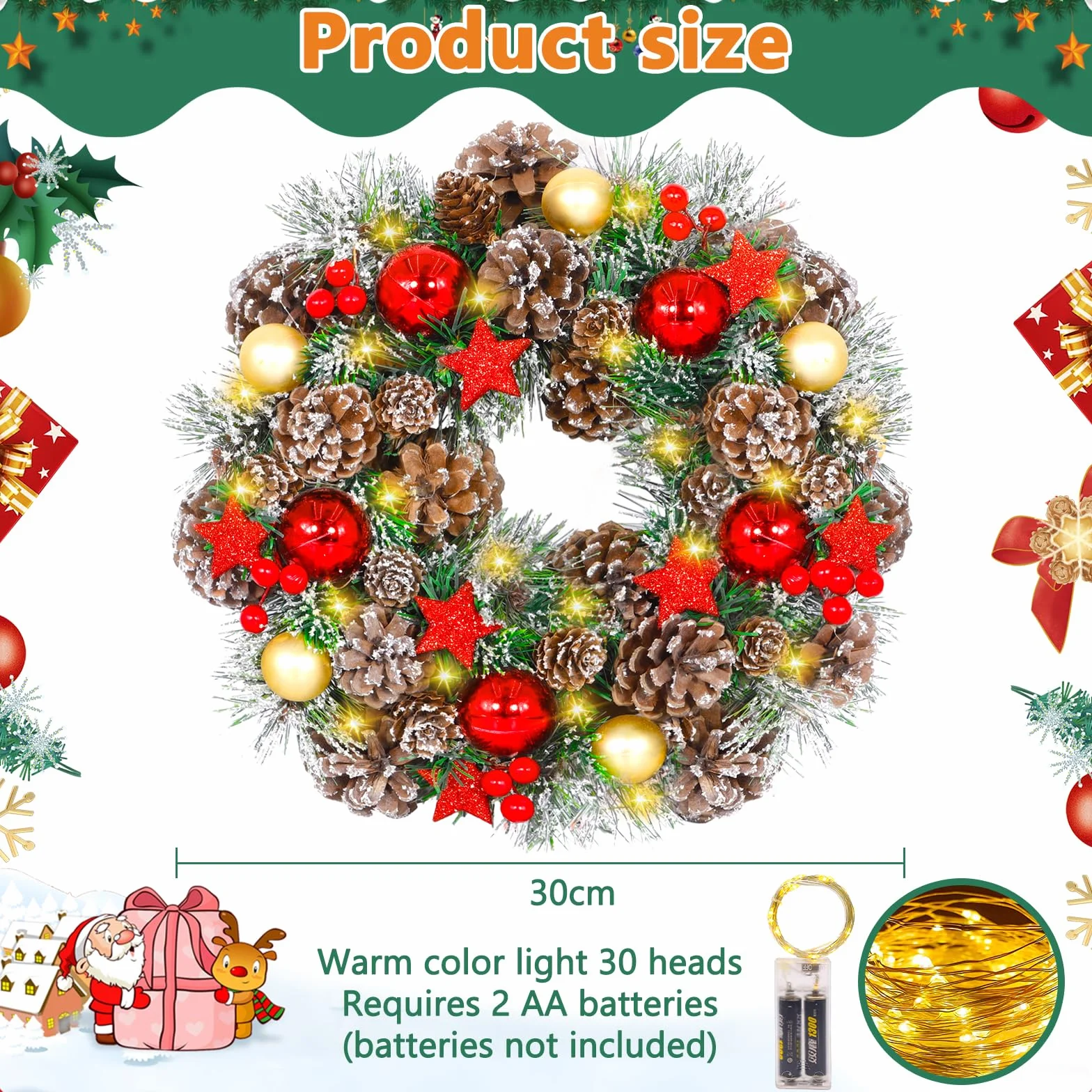 Wieniec bożonarodzeniowy LED 30 cm – wieniec na drzwi wejściowe, kominek i na zewnątrz – Christmas Wreath z oświetleniem