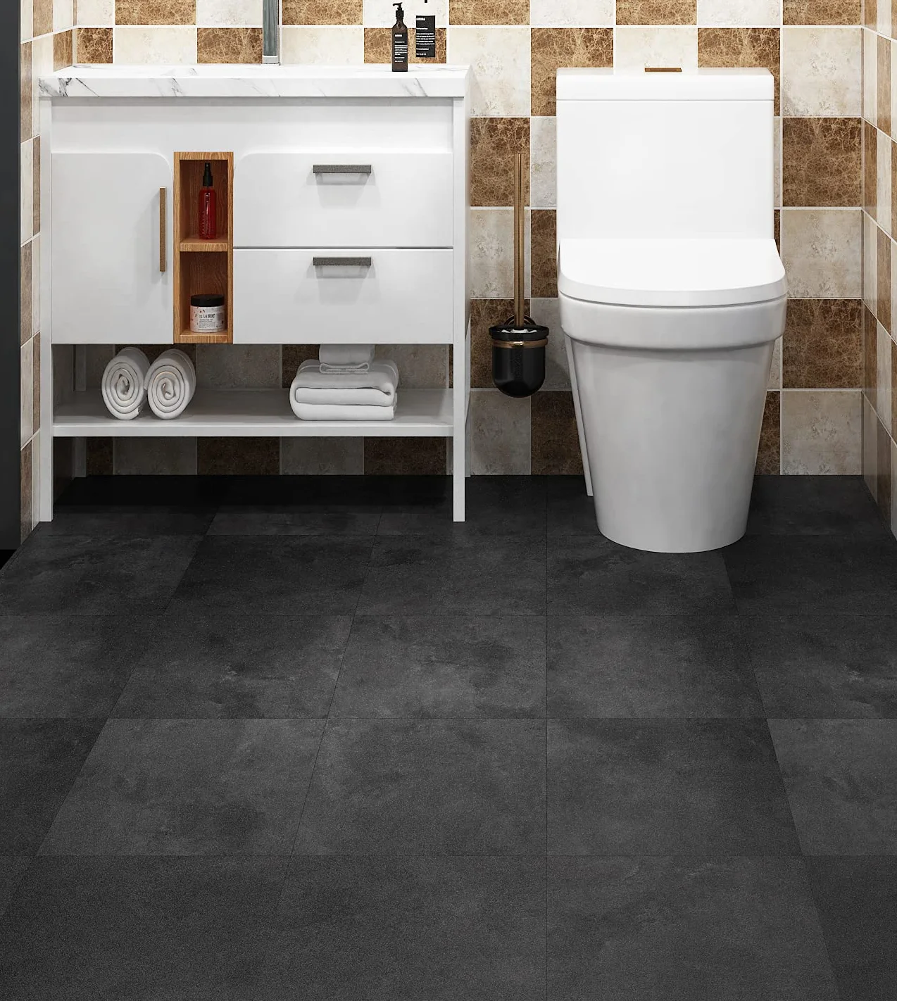 Livelynine Podłogi PCV samoprzylepne wygląd płytek 30x30cm podłogi winylowe samoprzylepne antracytowe wodoodporne płytki podłoga kuchenna Podłoga PCV do łazienki przedpokój sypialnia salon 4 płytki