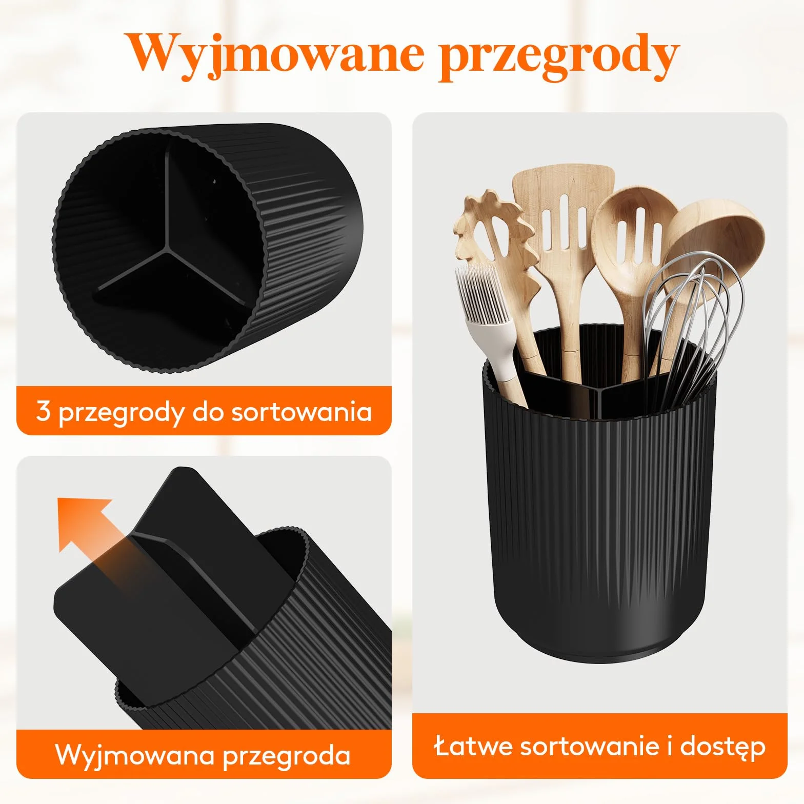 Lifewit Uchwyt na przybory do przechowywania w kuchni, pojemnik na sztućce z antypoślizgową obrotową podstawą, duża 3-komorowa plastikowa łyżka, szpatułka, sztućce, organizer na sztućce z suchym