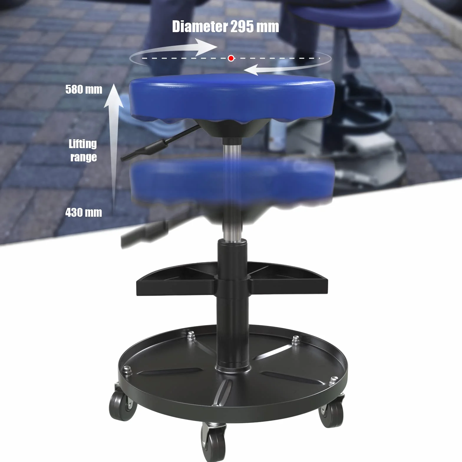 HASKYY stołek rolkowy niebieski I Stołek warsztatowy z regulacją wysokości, obrotowy o 360° I Ø 38,5 cm, 2 półki I 390-520 mm
