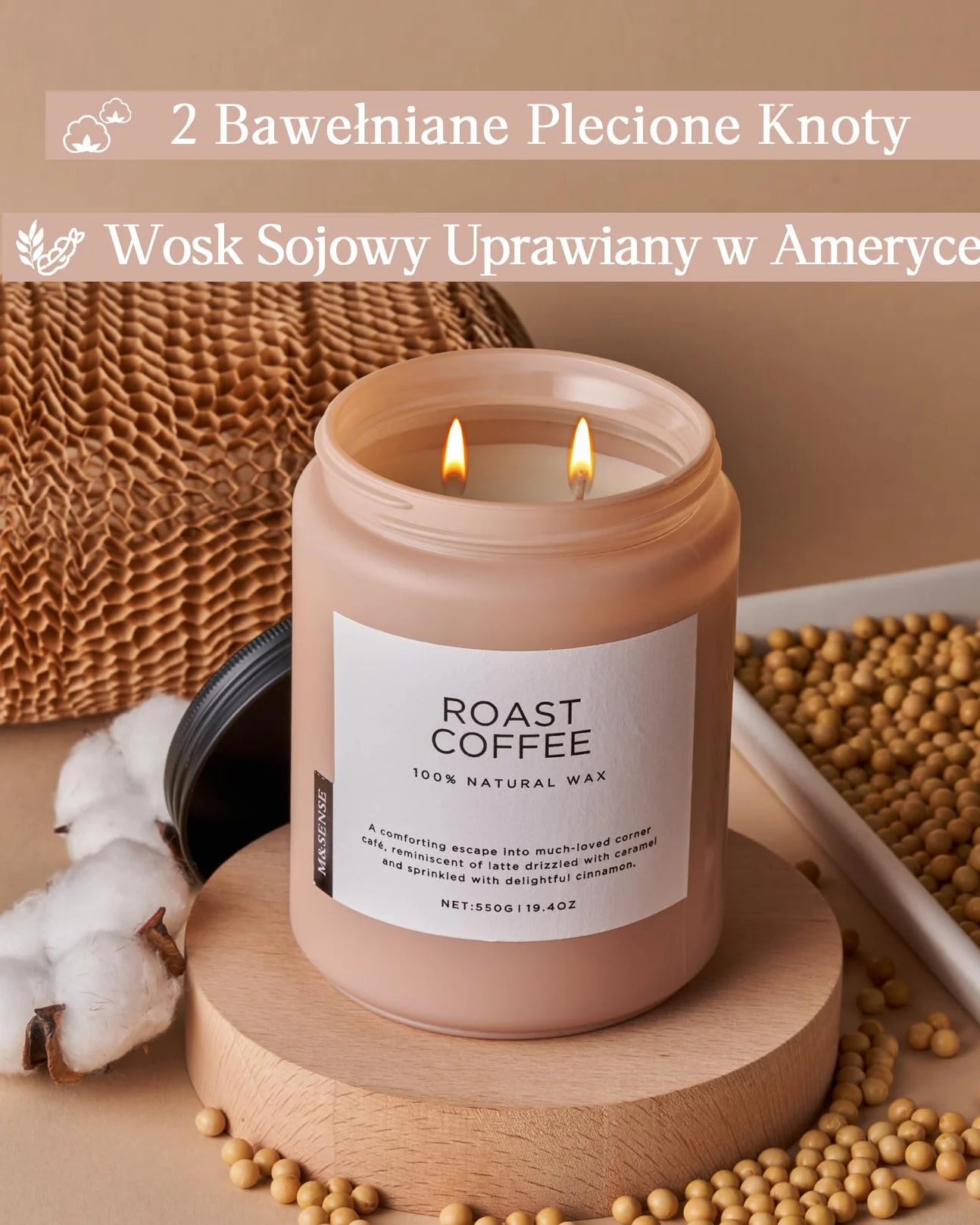 M&SENSE Świeca Zapachowa Intensywna Kawa 2 Knoty Naturalny Wosk Sojowy 550g 110h Palenia