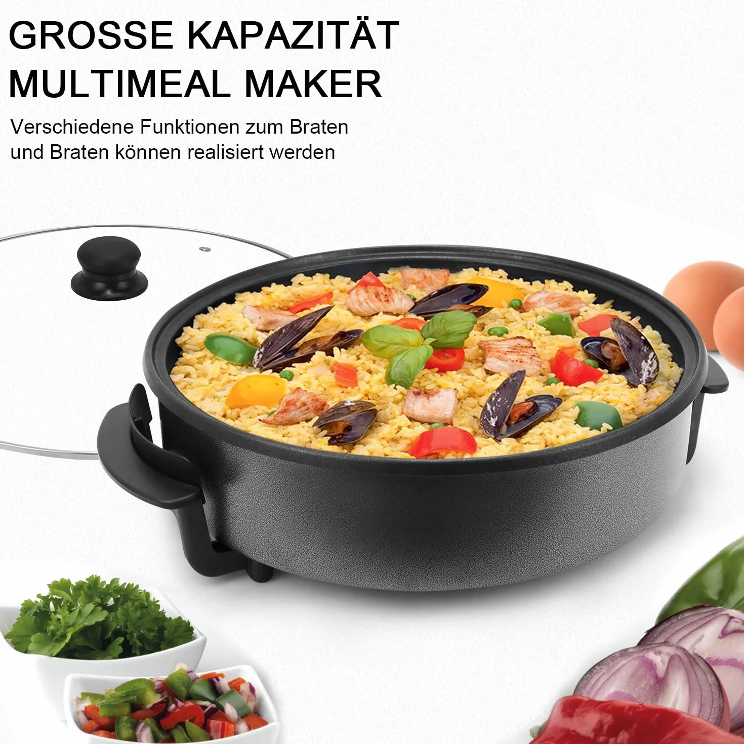 elektryczna patelnia wielofunkcyjna, Ø 42 x 7 cm, 1500 W, elektryczny patelnia do pizzy z pokrywką, imprezowa 8,7 l