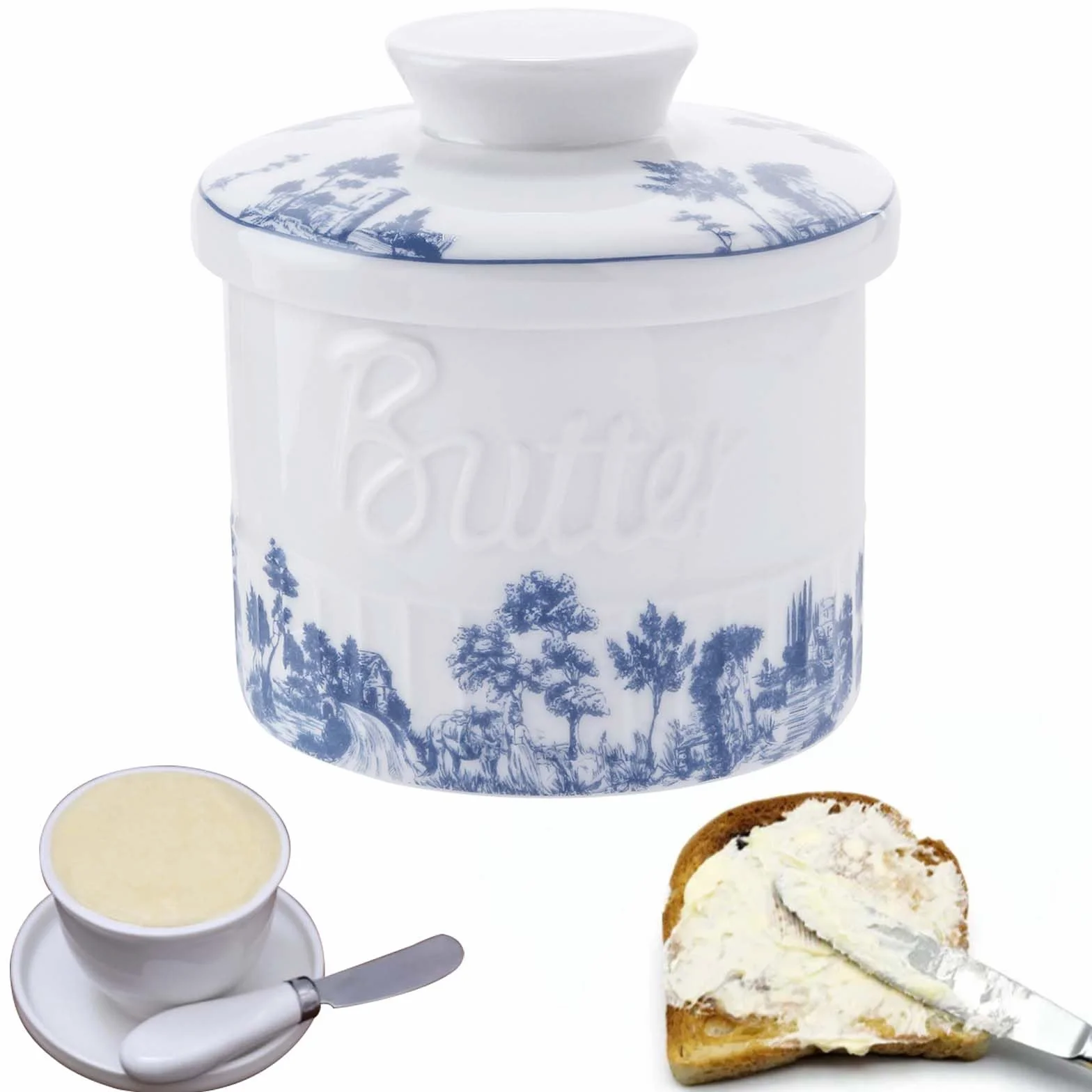 GBKDQQ Francuska ceramiczna maselniczka, okrągła ceramiczna maselniczka, dzbanek na masło, porcelana vintage z pokrywką do przechowywania świeżego, miękkiego, gotowego do spożycia masła