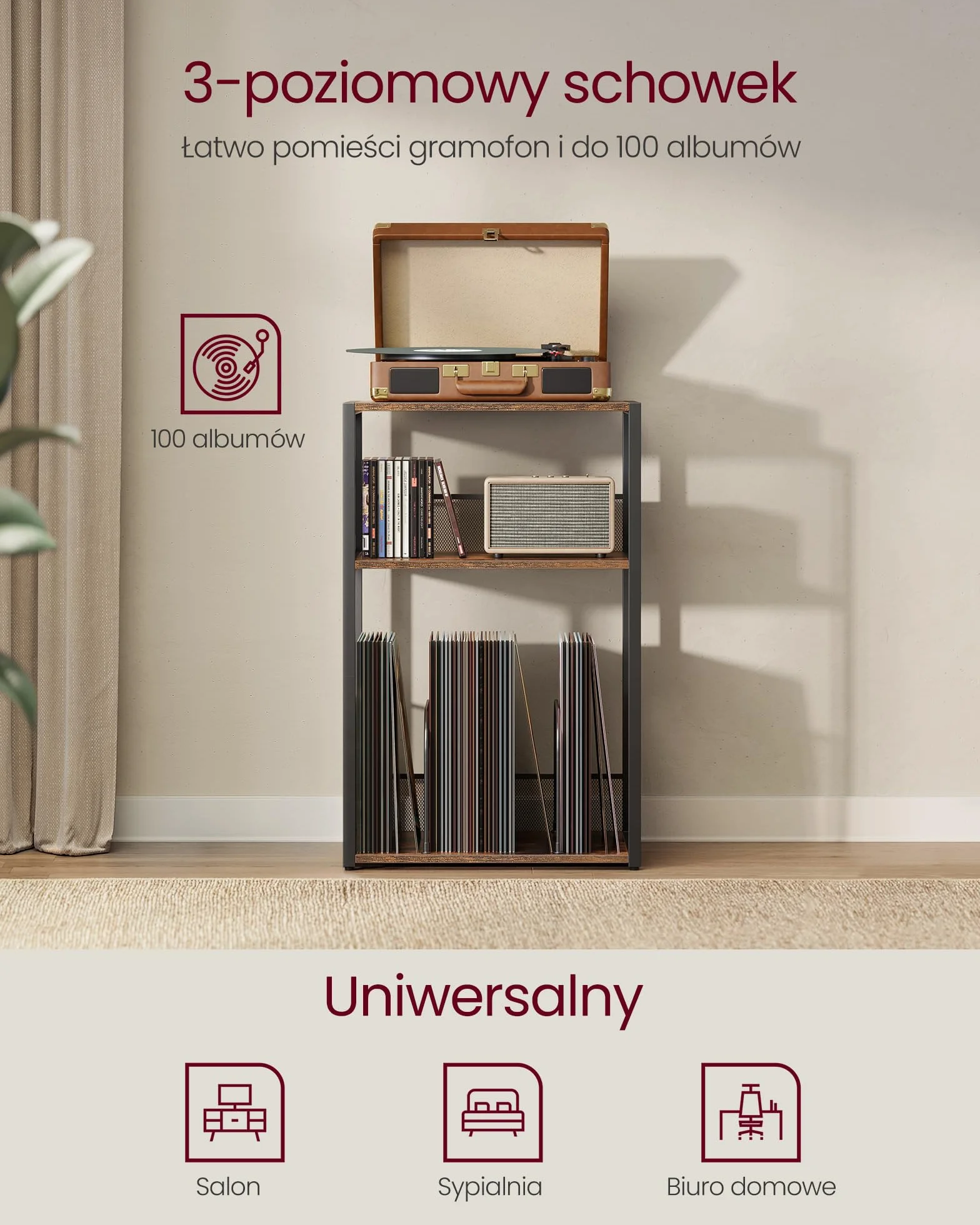 VASAGLE Stojak na gramofon, 3-poziomowy stolik boczny, przechowywanie płyt winylowych do 100 albumów, stolik końcowy do salonu, sypialni, rustykalny brązowy LET275K01